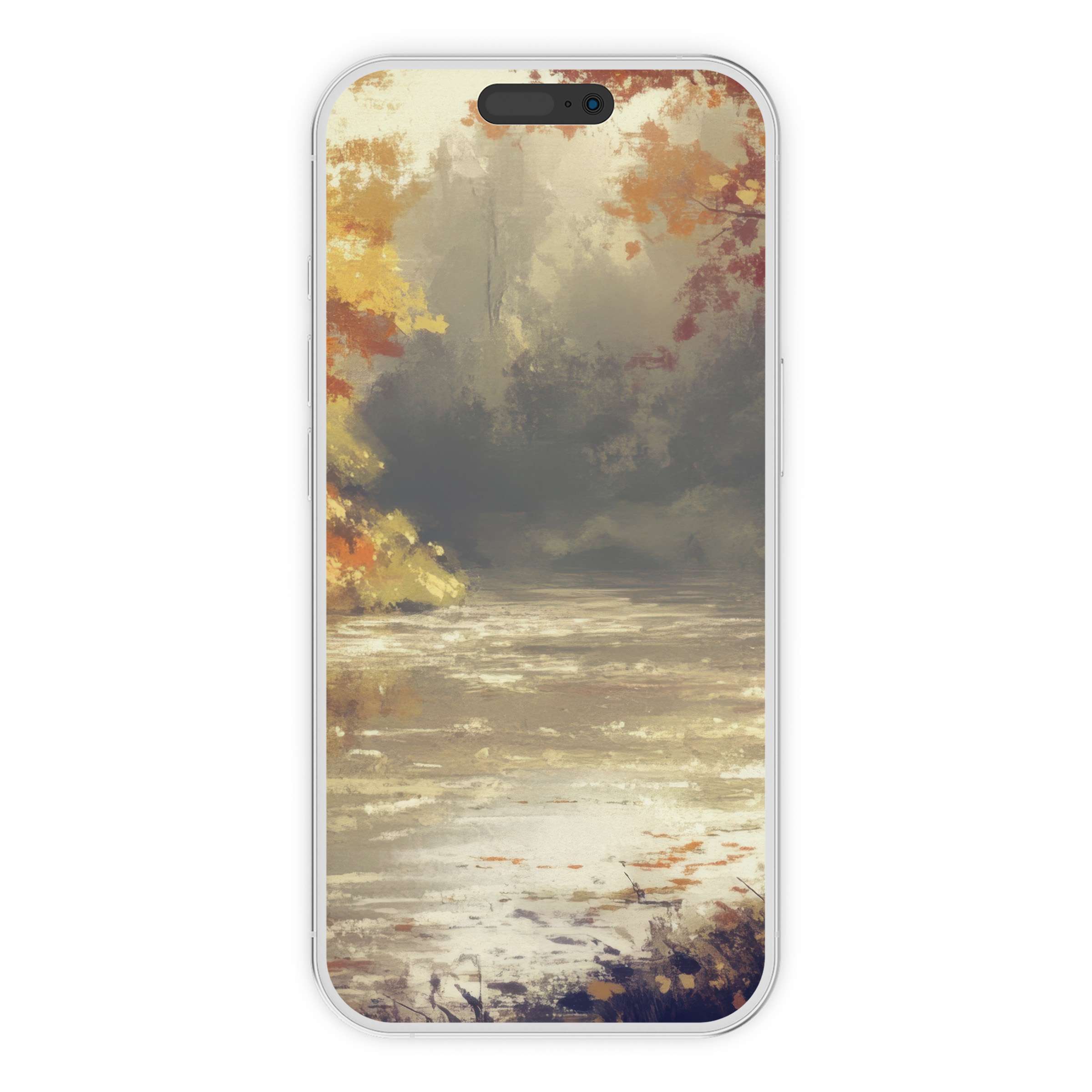 Tranquil landscape iPhone wallpaper with serene autumn hues reflecting on a misty lake perfect phone background digital download