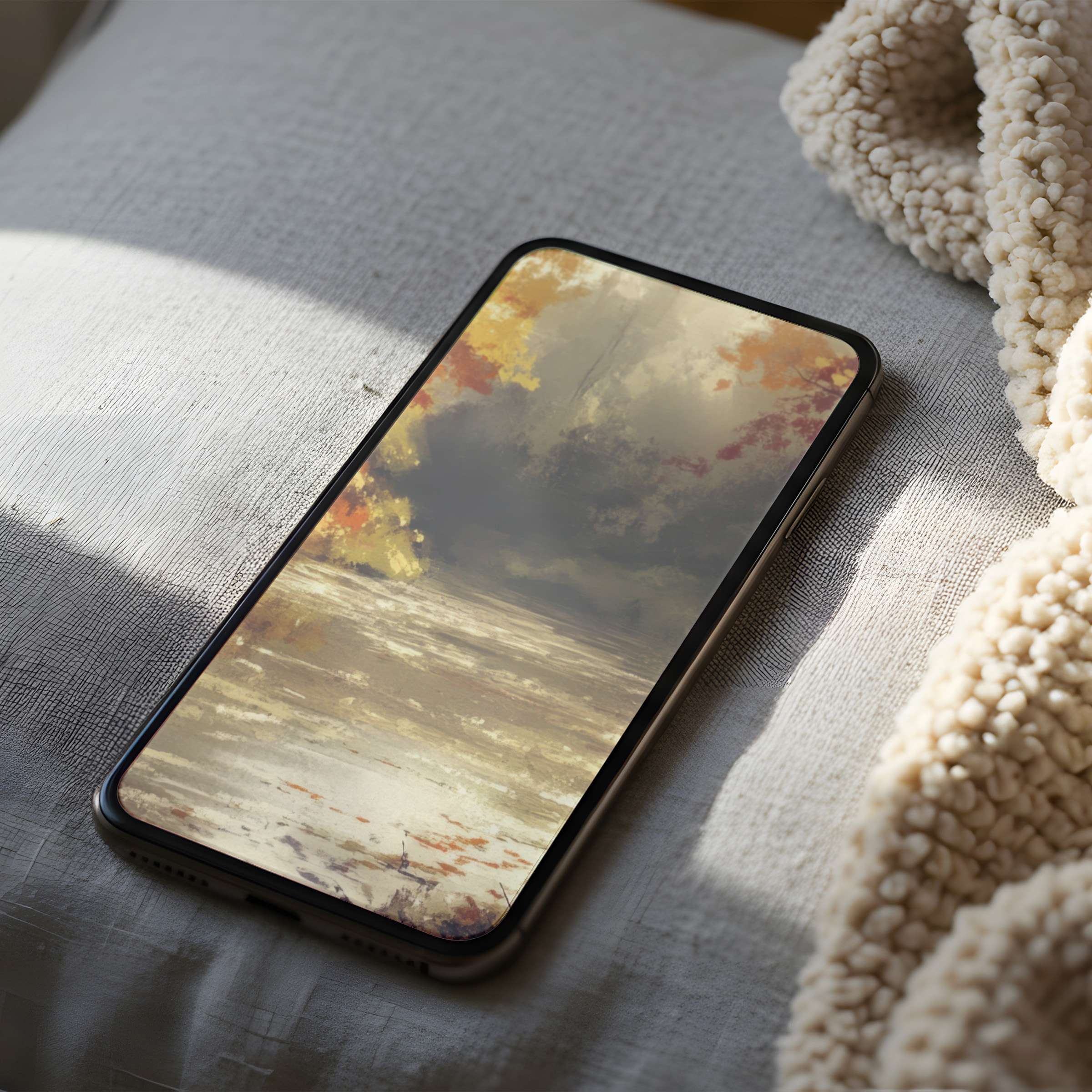 Serene abstract autumn landscape phone wallpaper on high-resolution display elevates interior calm suitable for iPhone and digital download