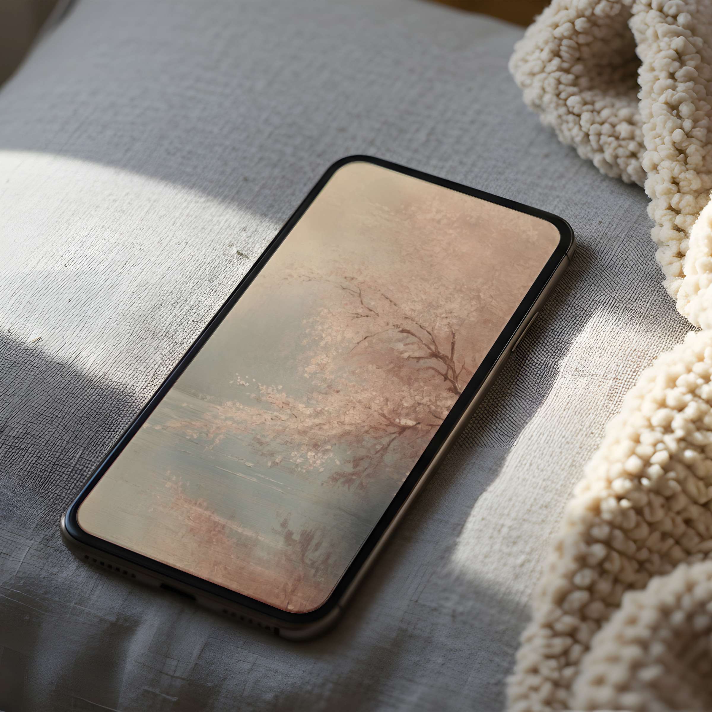 Elegant phone wallpaper with serene pastel cherry blossoms evokes tranquility, ideal for high-resolution download on iPhone and Android