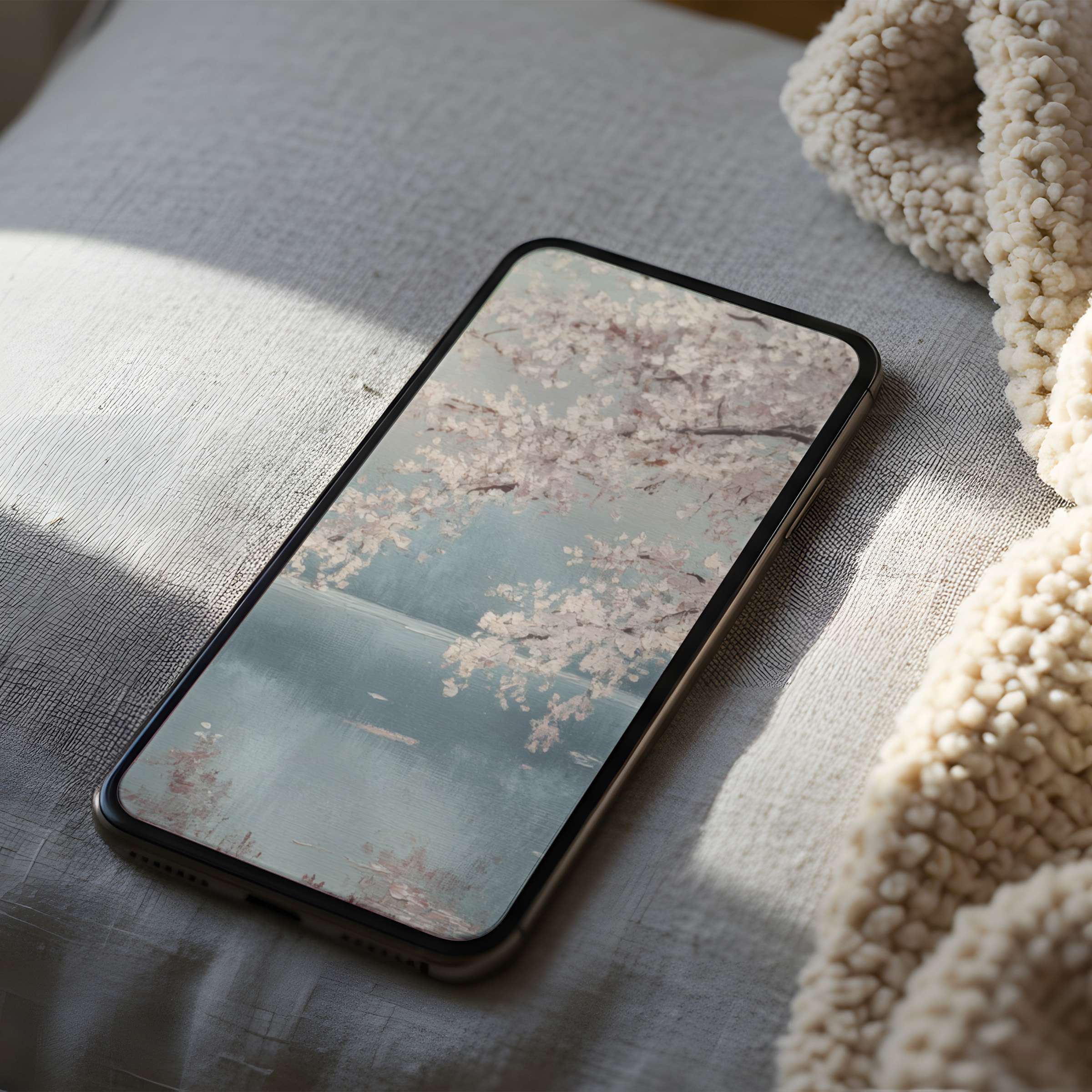 Elegant cherry blossom phone wallpaper in serene pastels perfect for high-resolution iPhone and Android digital download soothing your space