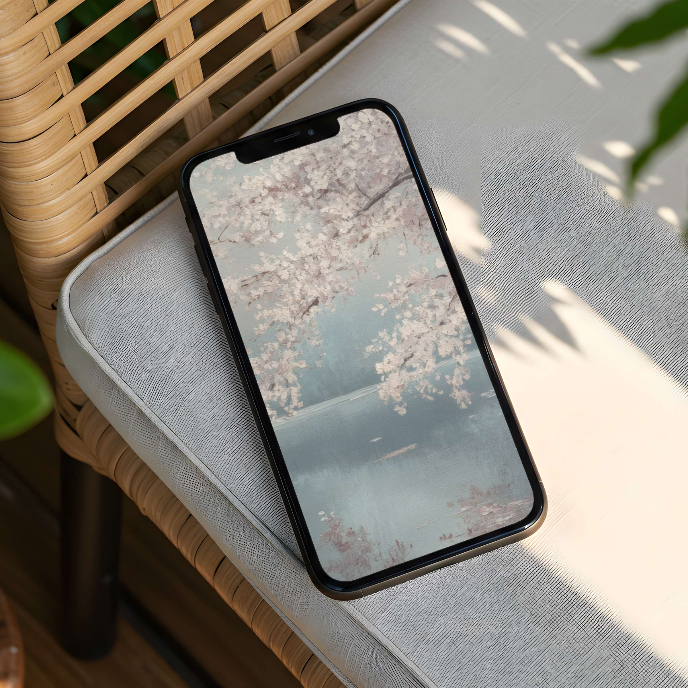 Serene cherry blossoms on a pastel blue iPhone background offer instant download for mindful elegance on any phone screen