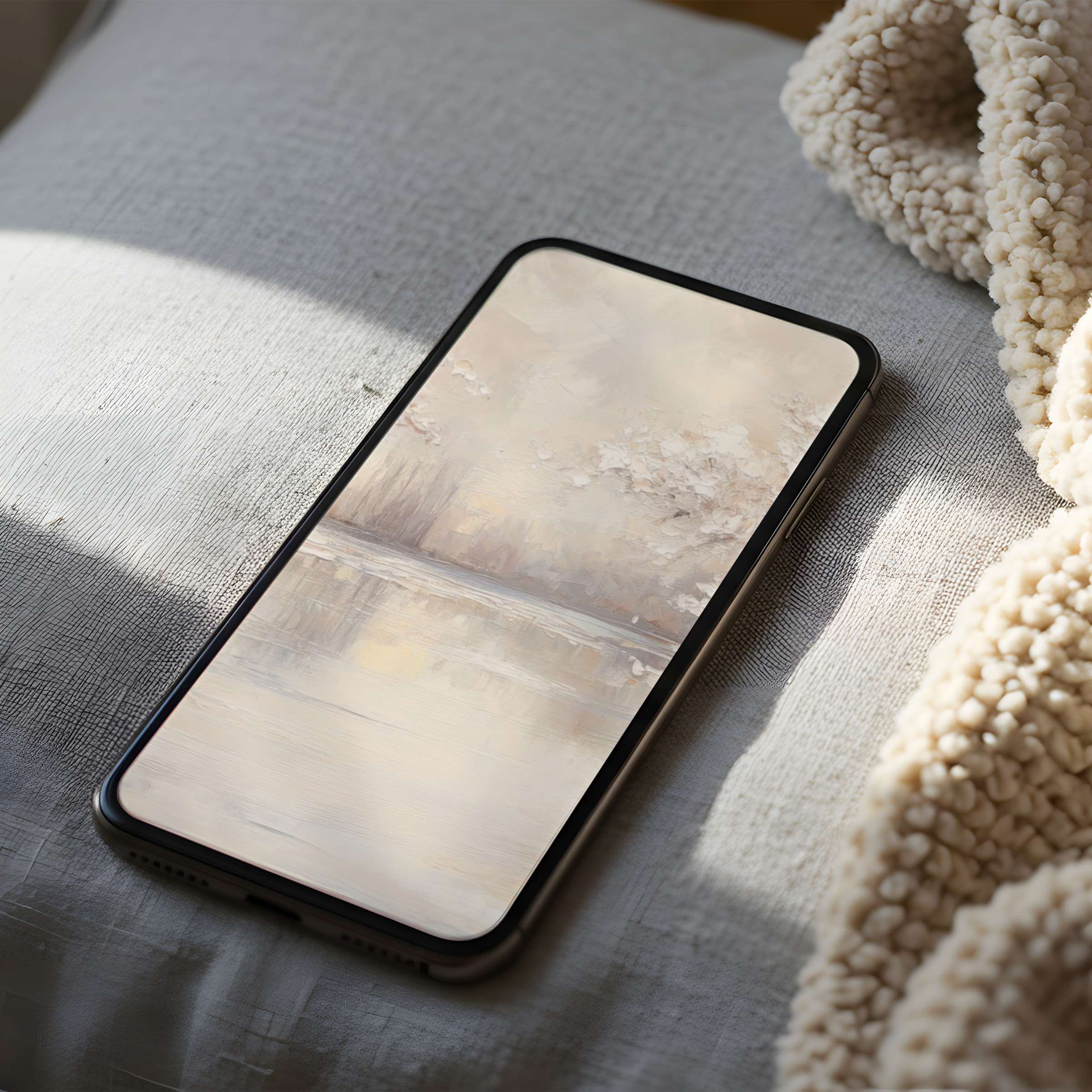 Elegant phone wallpaper featuring a serene, muted landscape in high resolution, perfect for iPhone and Android, evokes tranquility and style