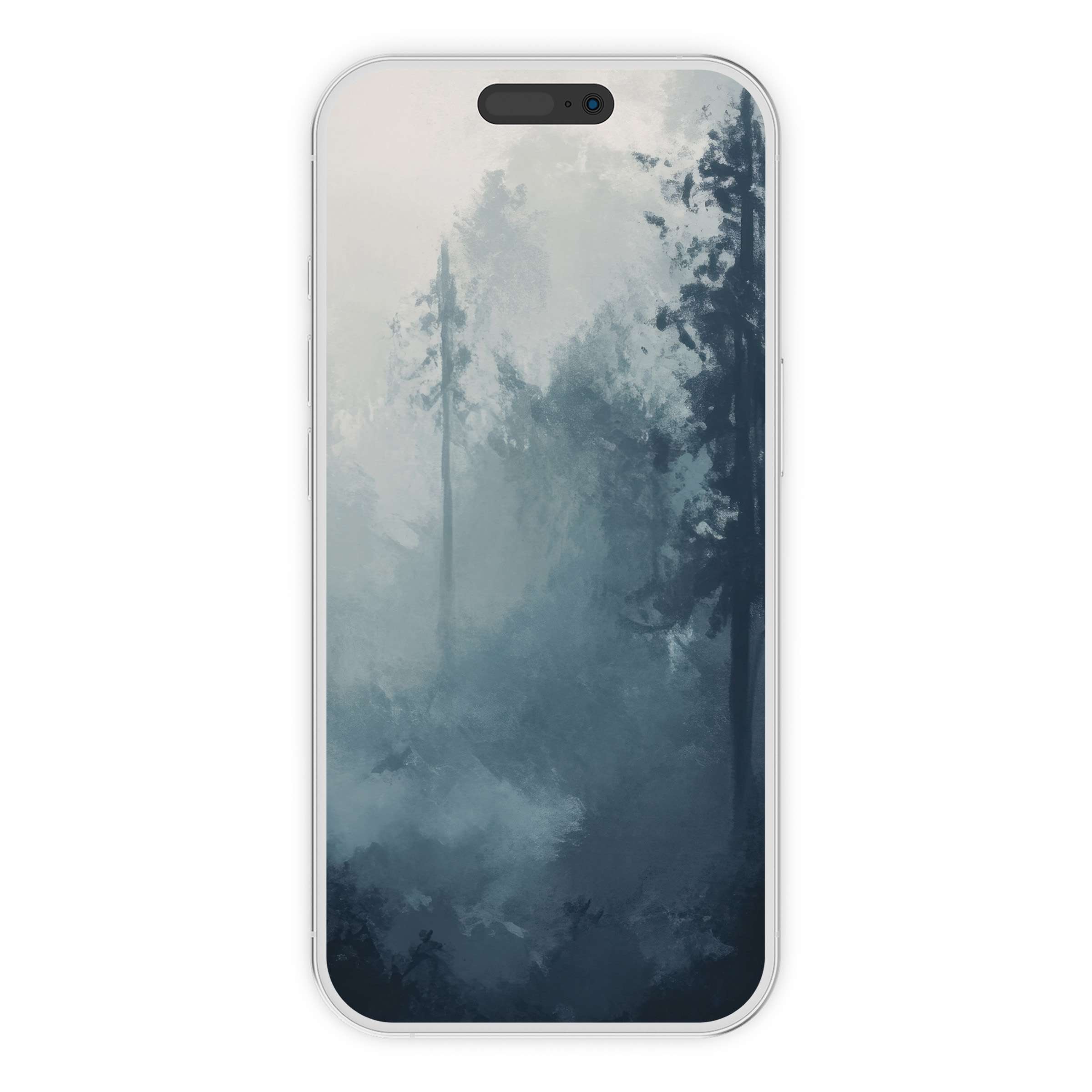 Ethereal landscape iPhone wallpaper in misty blue tones for calming phone background art digital download suitable for Android