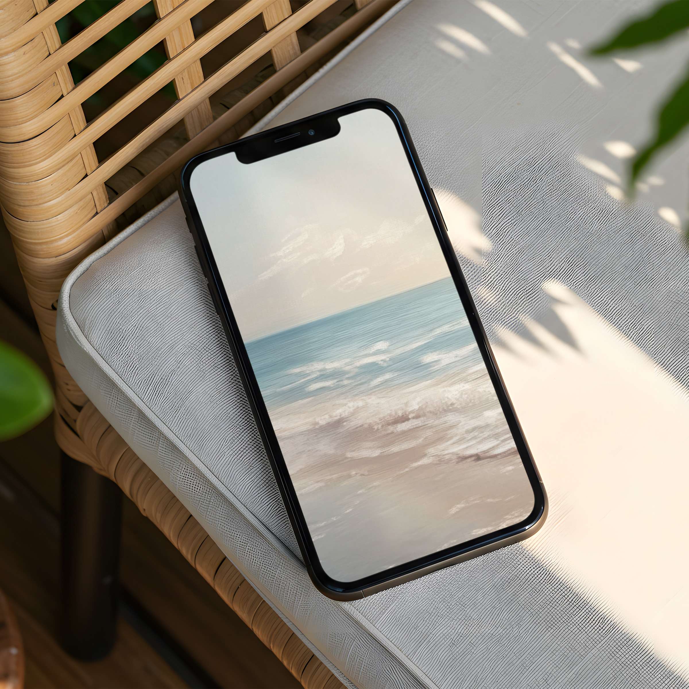 Serene beach watercolor waves create an iPhone background for calm inspiration on phone screens; instant download available