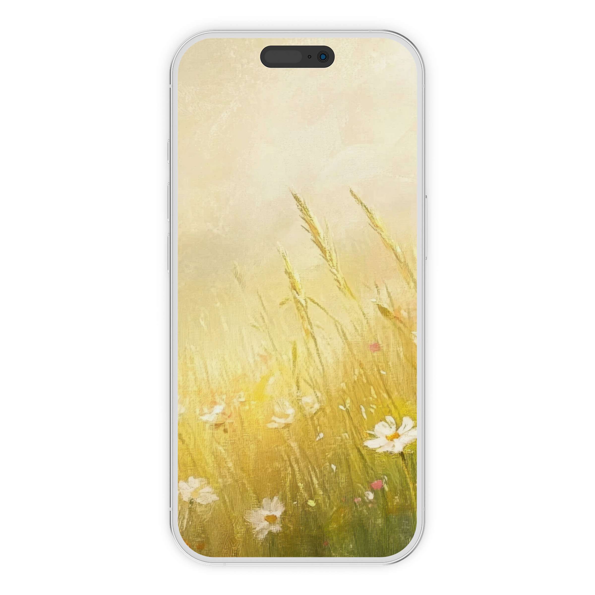 Serene landscape iPhone wallpaper featuring soft yellow fields and wildflowers as a digital download for calming phone background