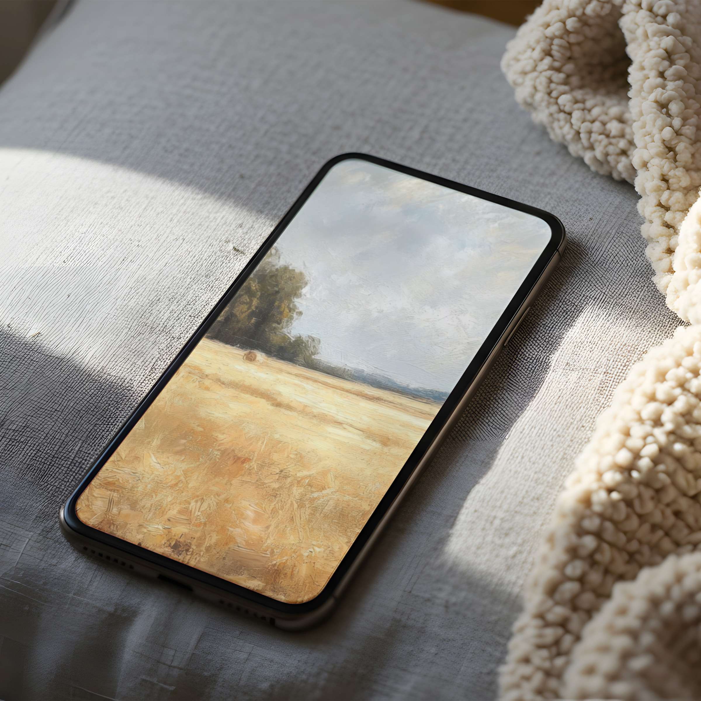 Elegant phone wallpaper featuring a serene landscape in soft beige tones perfect for iPhone and android digital download in high resolution