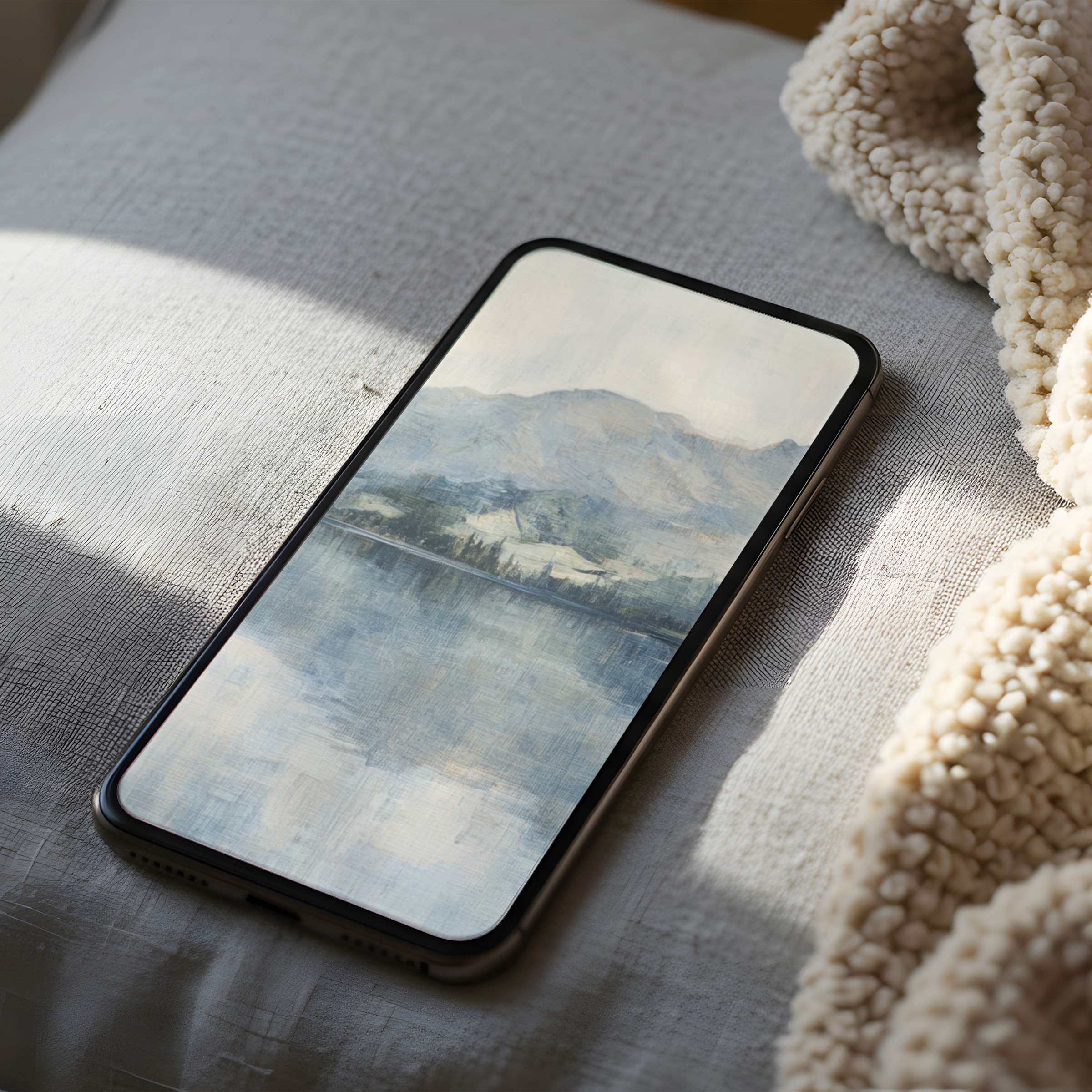 Serene landscape phone wallpaper with soothing blues and grays reflects tranquility high resolution for iPhone and Android digital download