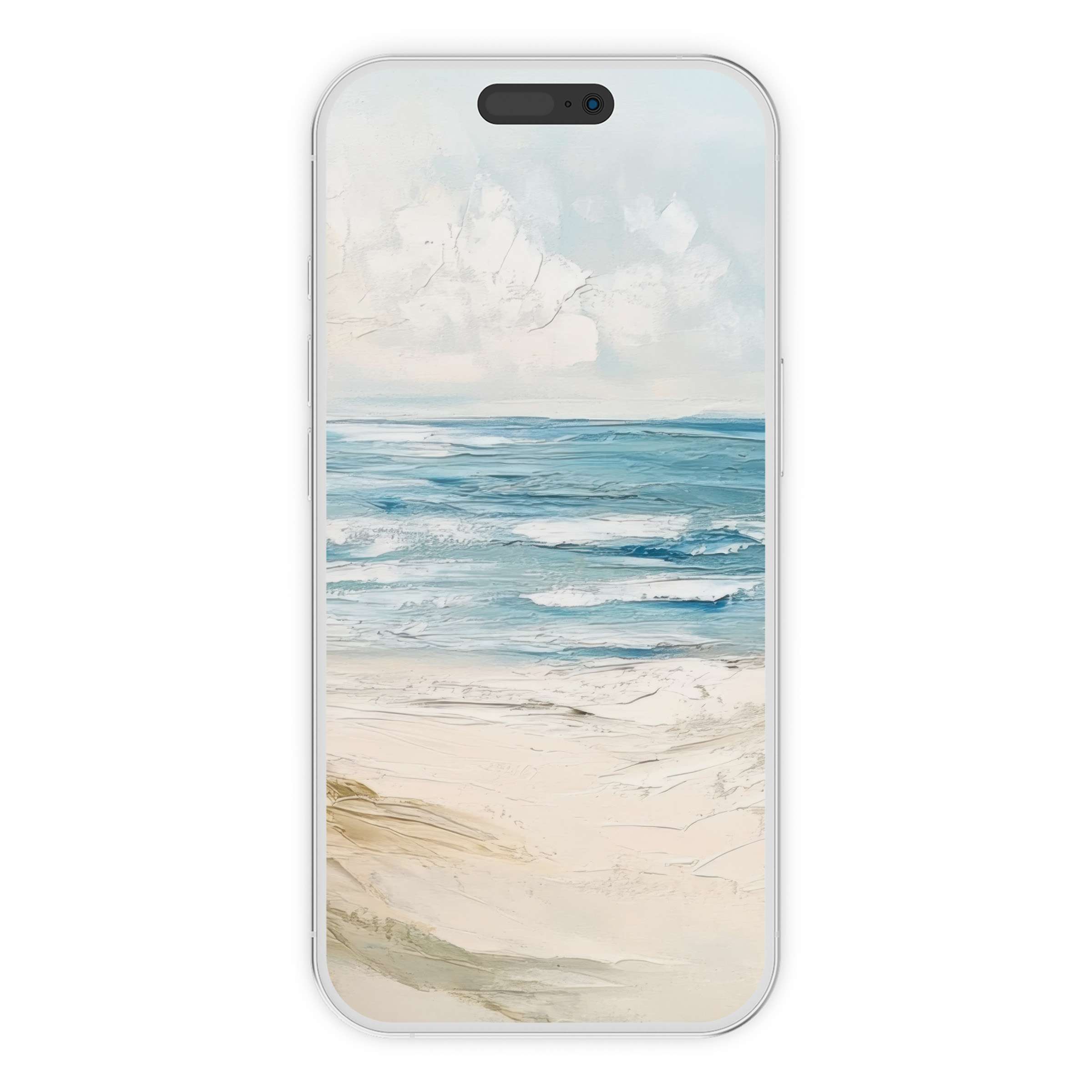 Elegant landscape iPhone wallpaper showcasing serene beach waves in soft hues for a calming phone background digital download option