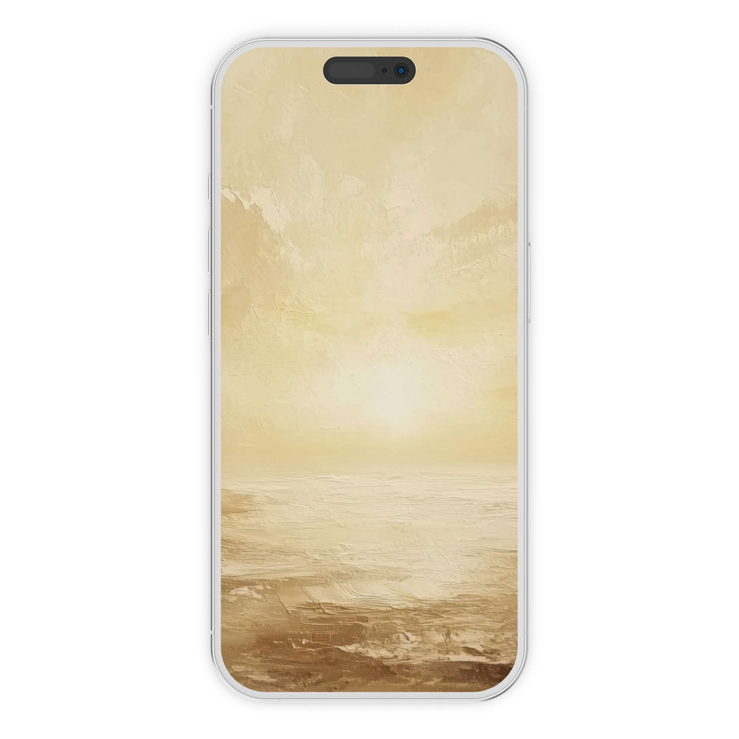 Elegant beige landscape iPhone wallpaper as a digital download, featuring a serene sunset over textured calm waters, perfect phone background