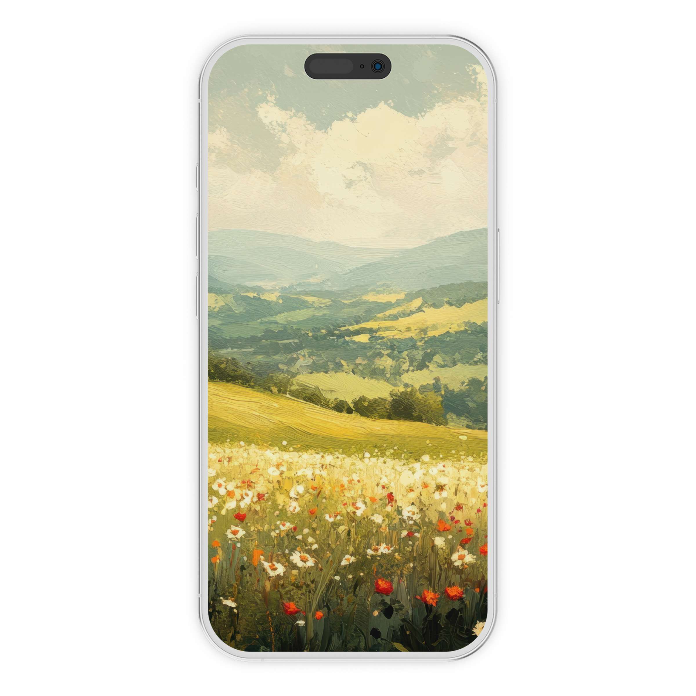 Landscape iPhone wallpaper featuring a serene meadow with wildflowers, perfect for a calming phone background digital download for any device