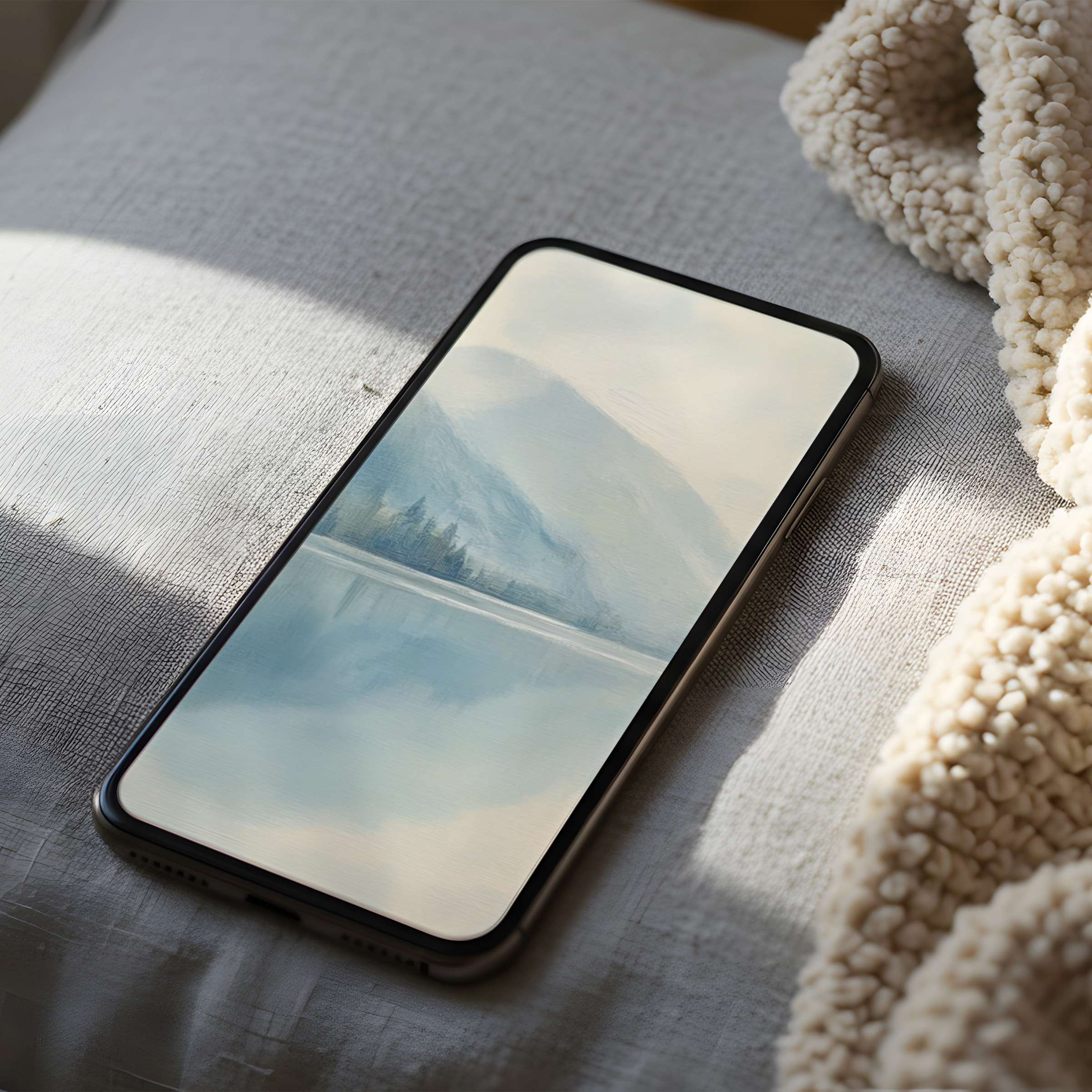 Serene phone wallpaper of misty mountains and lake in calming tones suitable for iPhone and Android digital download