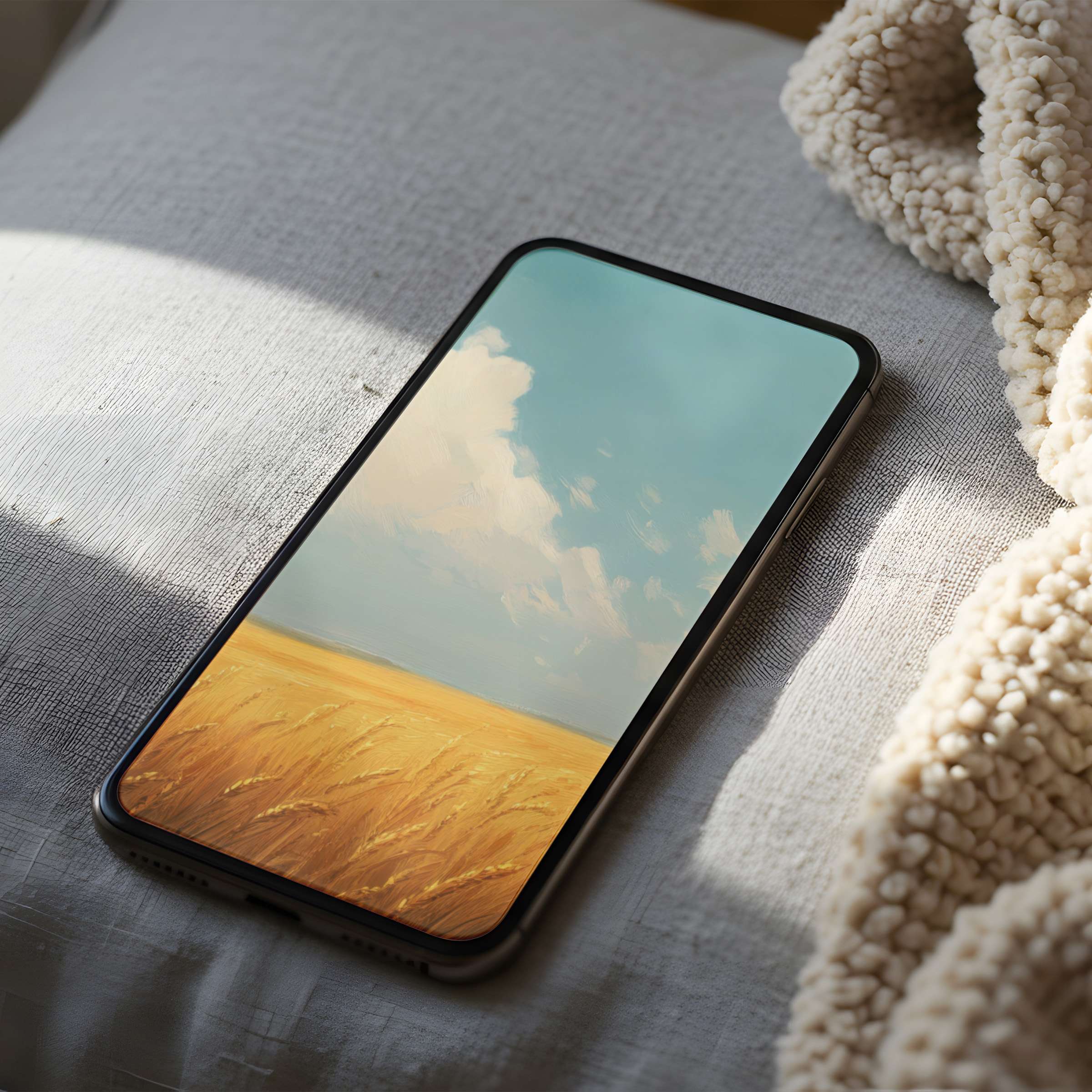 Elegant phone wallpaper featuring serene wheat field under a blue sky, perfect for iPhone and Android high resolution digital download