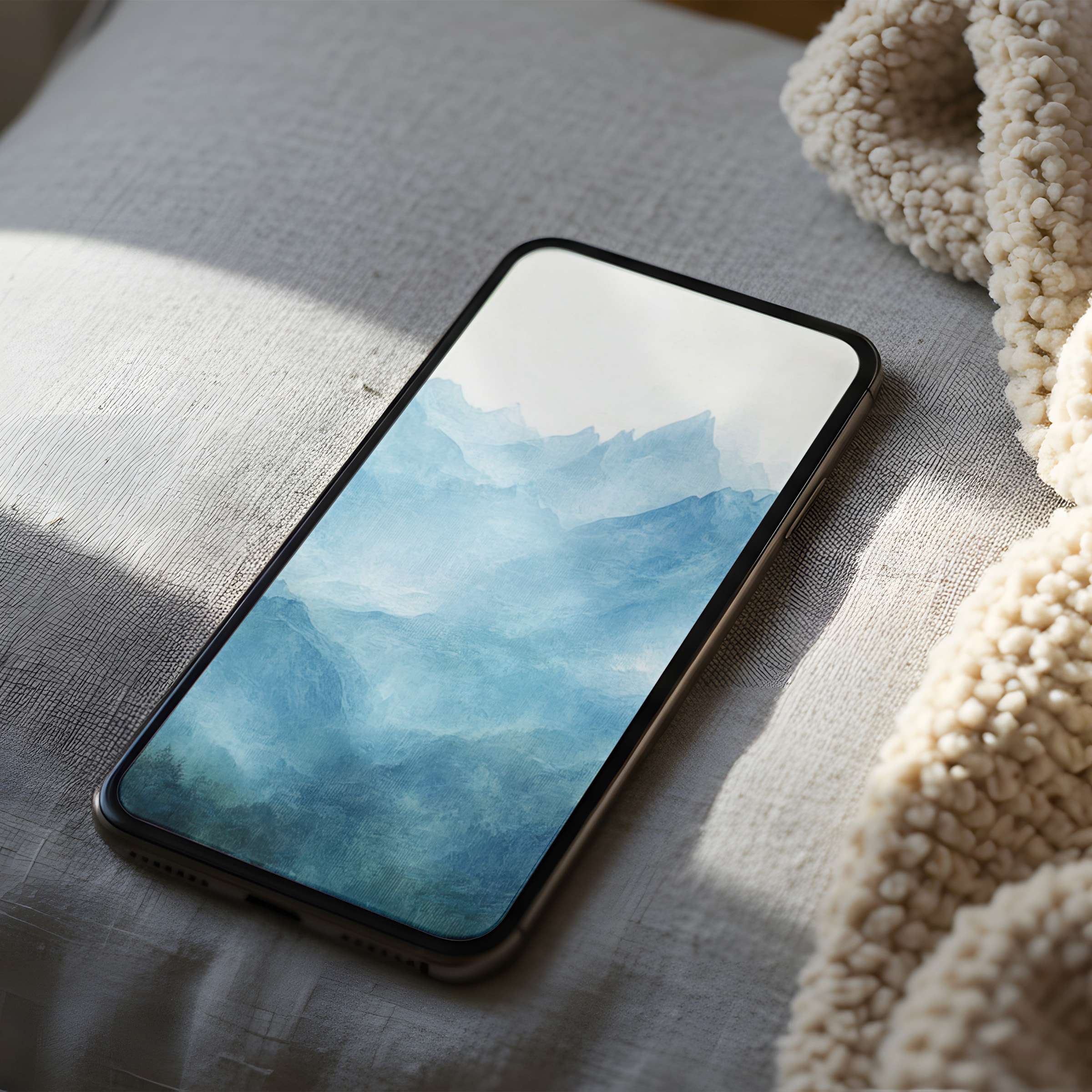 Serene mountain-themed phone wallpaper in soft blue watercolor for iPhone offers calming aesthetics and high-resolution digital download benefits