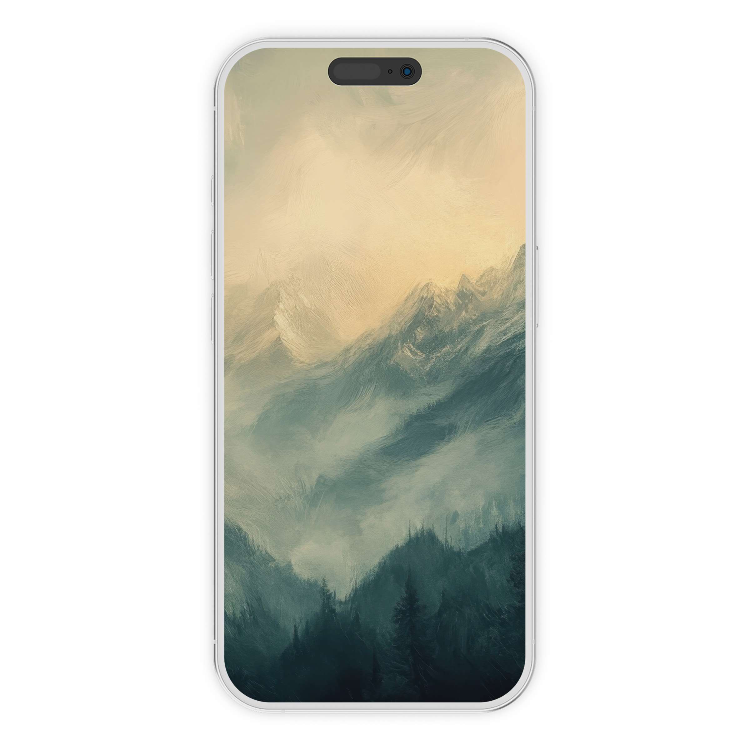 Elegant landscape iPhone wallpaper featuring misty mountains in calming hues ideal for phone background digital download serene design