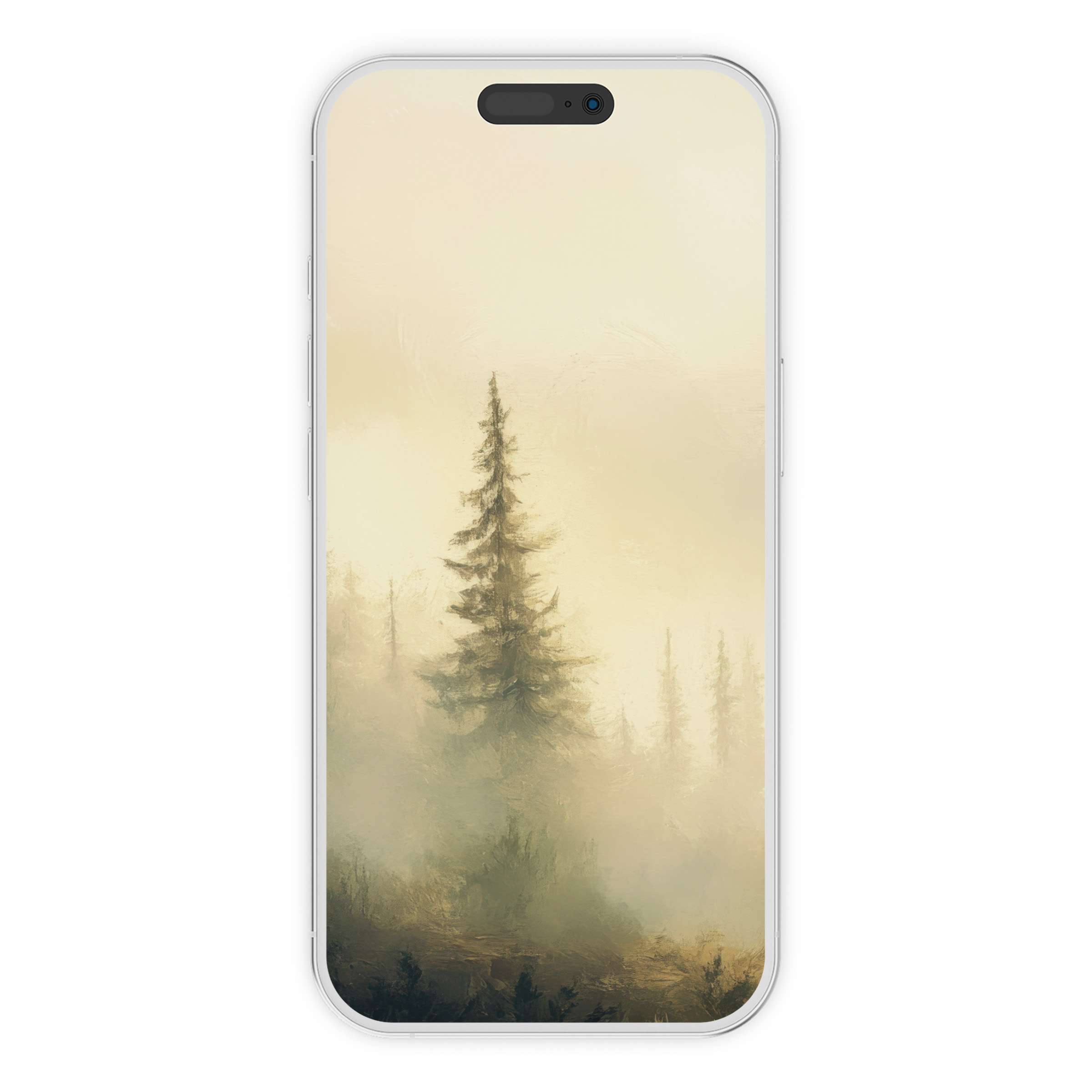 Mist-shrouded forest landscape iPhone wallpaper evokes tranquility, perfect digital download for phone background, eco-conscious design
