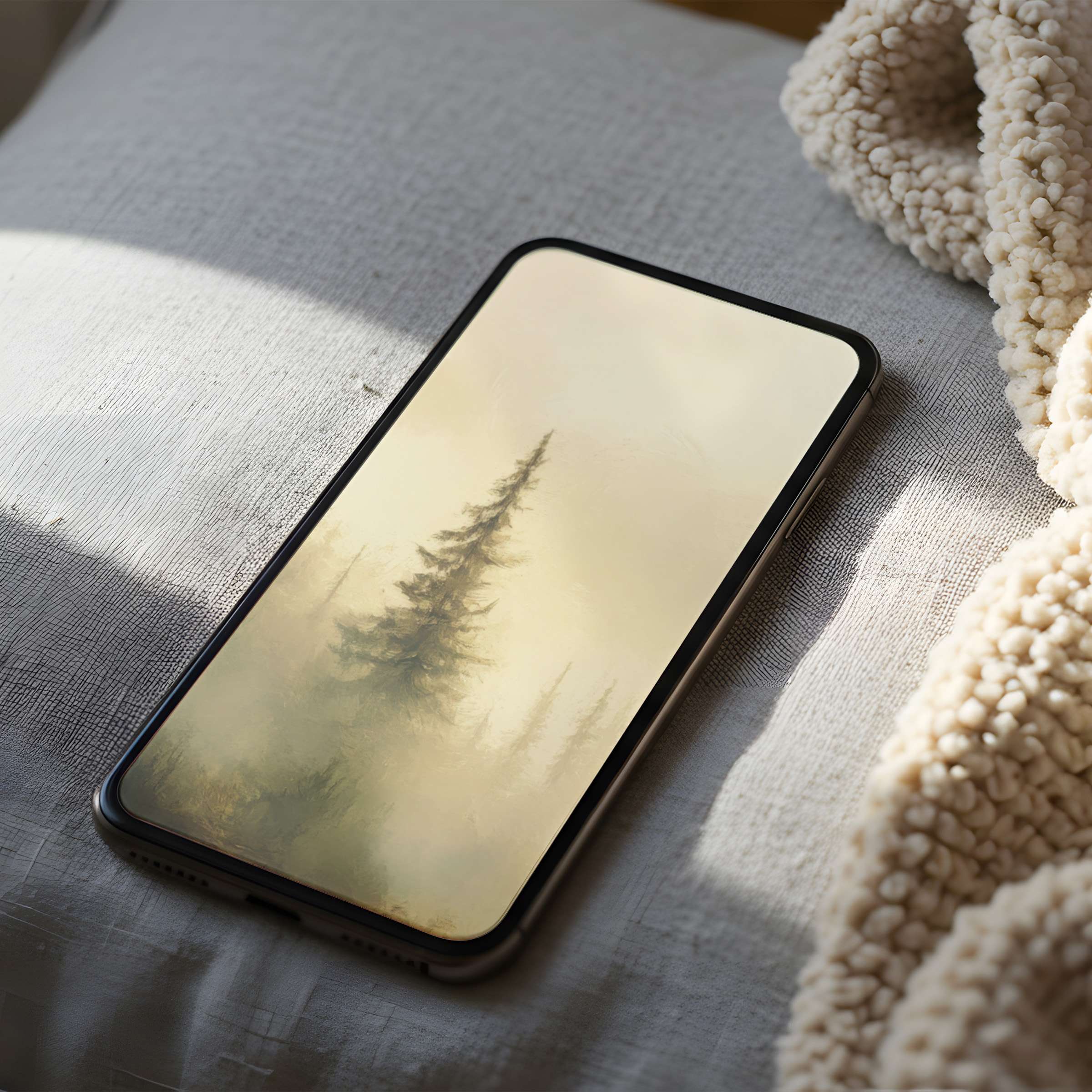 Misty forest phone wallpaper in high resolution, perfect for creating a serene ambiance on iPhone and android, digital download available