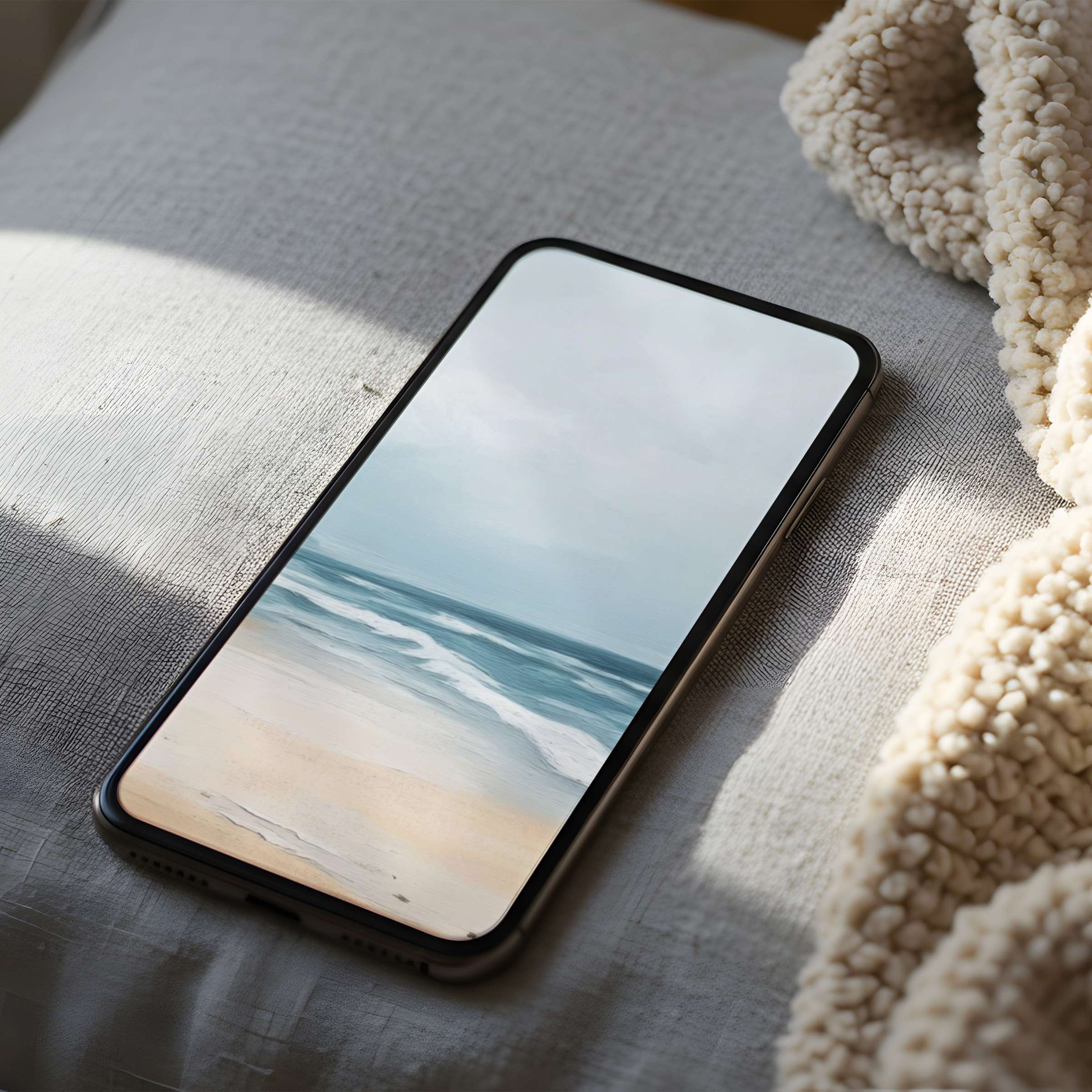Serene phone wallpaper with ocean waves and sandy beach, high resolution for iPhone or Android, perfect for calming digital download