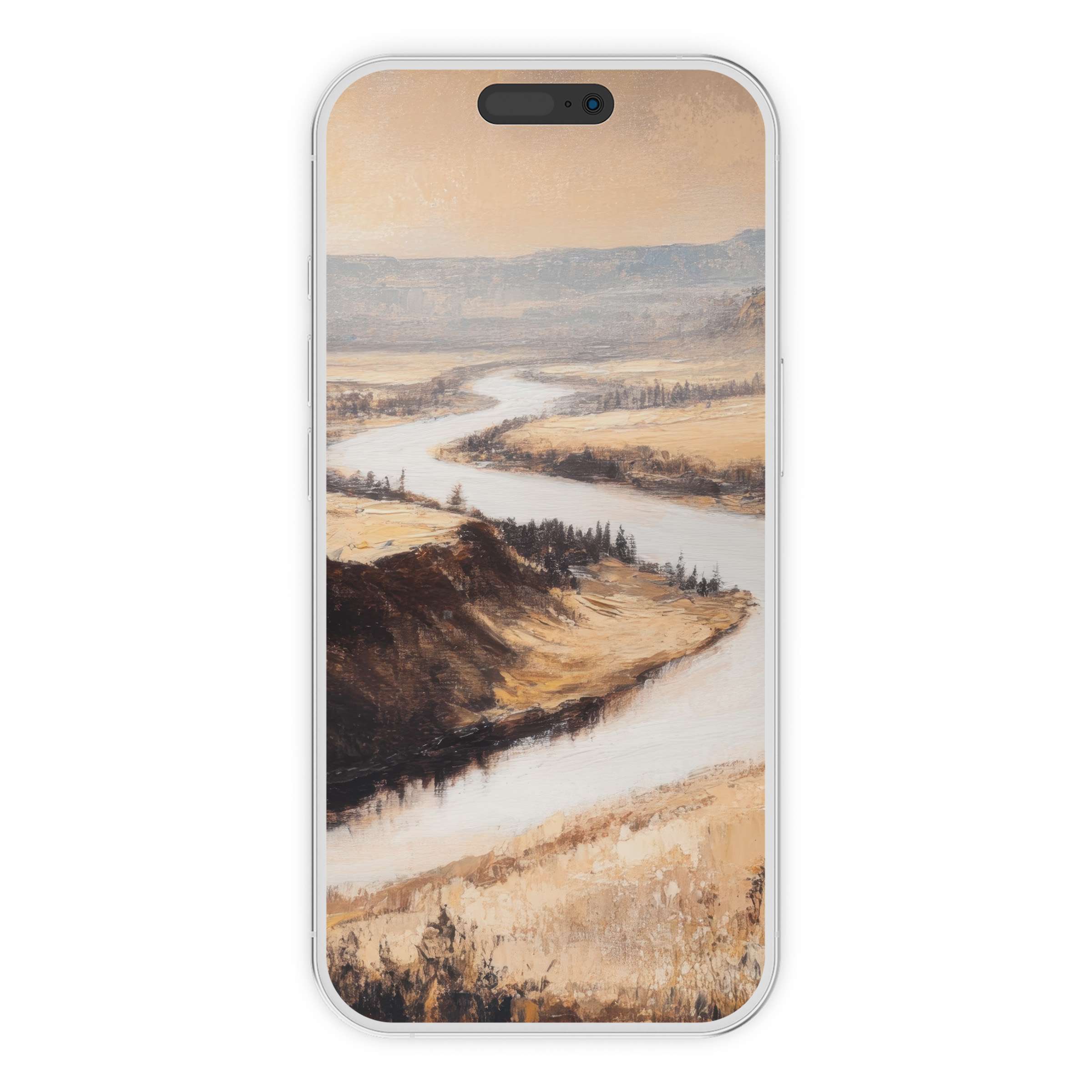 Serene landscape iPhone wallpaper featuring a warm-toned river panorama, ideal phone background for a digital download, calming effect
