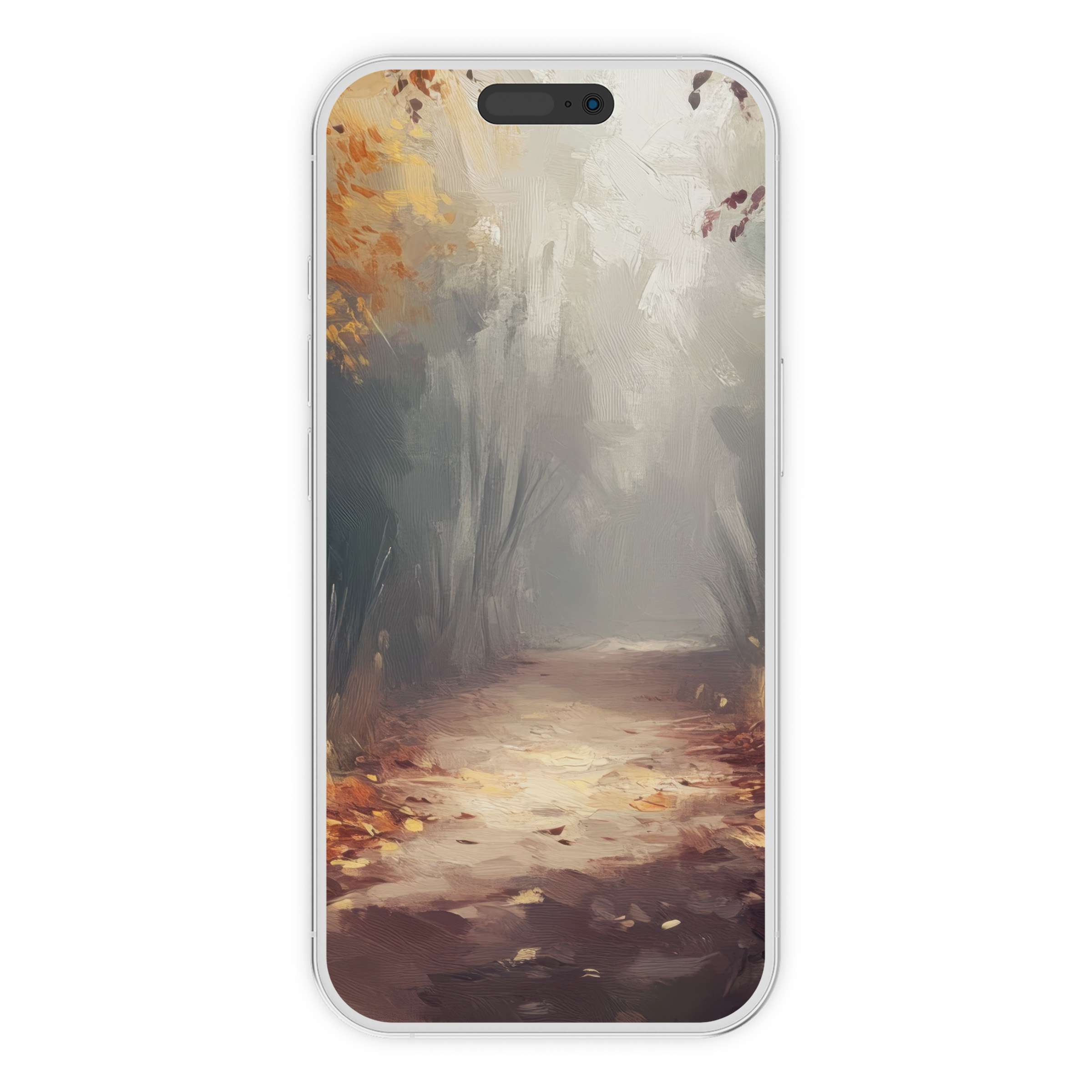Serene landscape iPhone wallpaper featuring a misty forest path with autumn leaves for a calming phone background digital download
