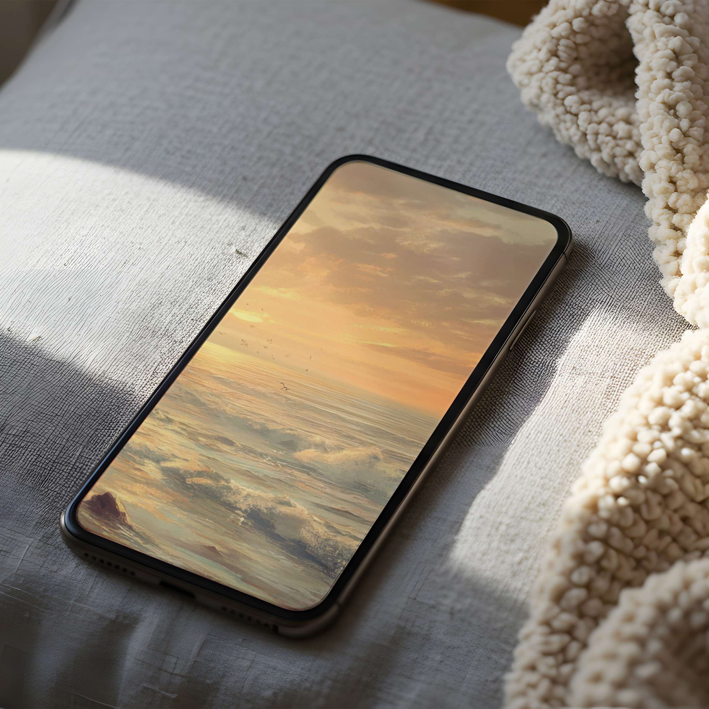 Elegant phone wallpaper featuring a serene sunrise over ocean waves in high resolution, perfect for iPhone and Android digital download