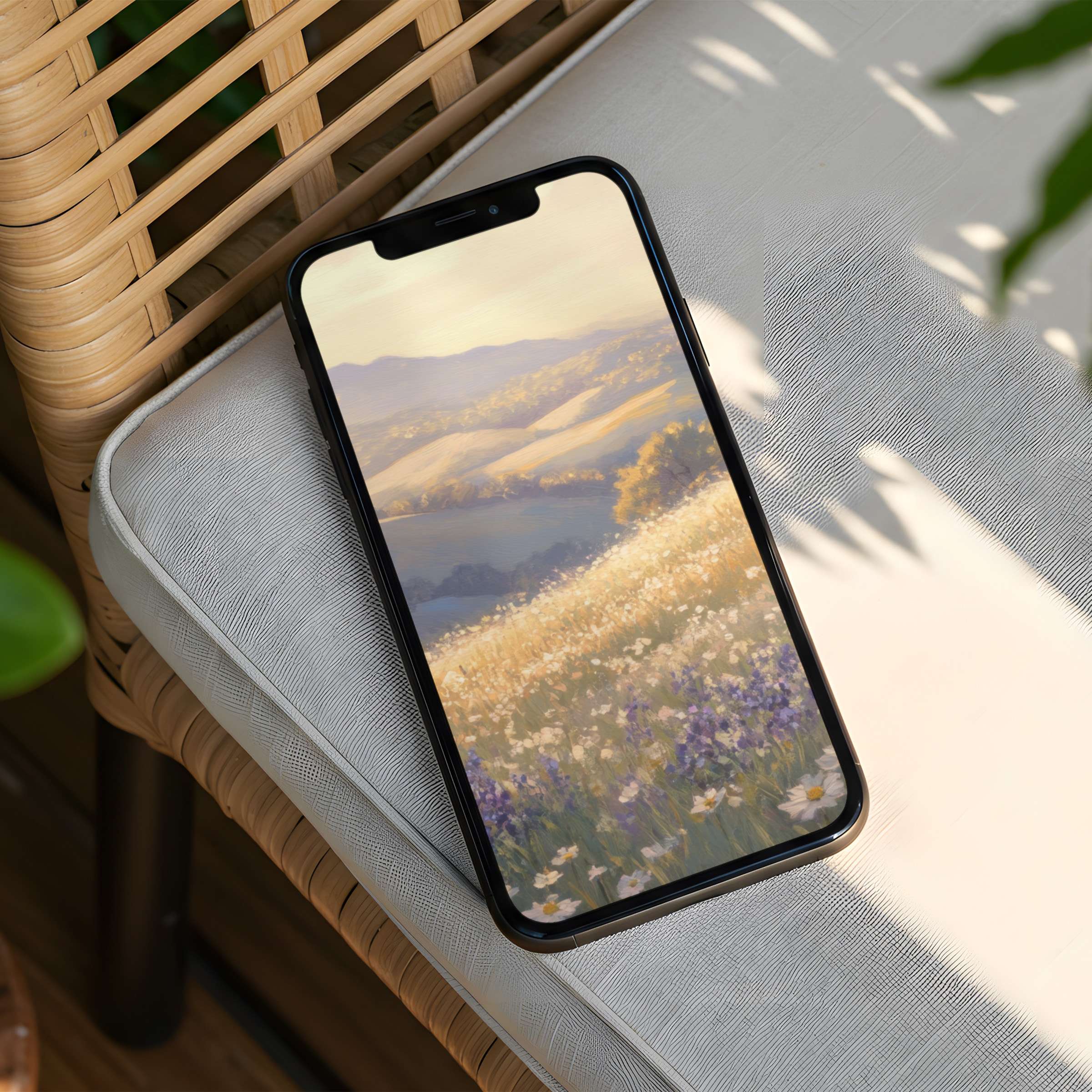 Elegant iPhone background featuring serene golden hills and lavender fields offering calm inspiration phone instant download