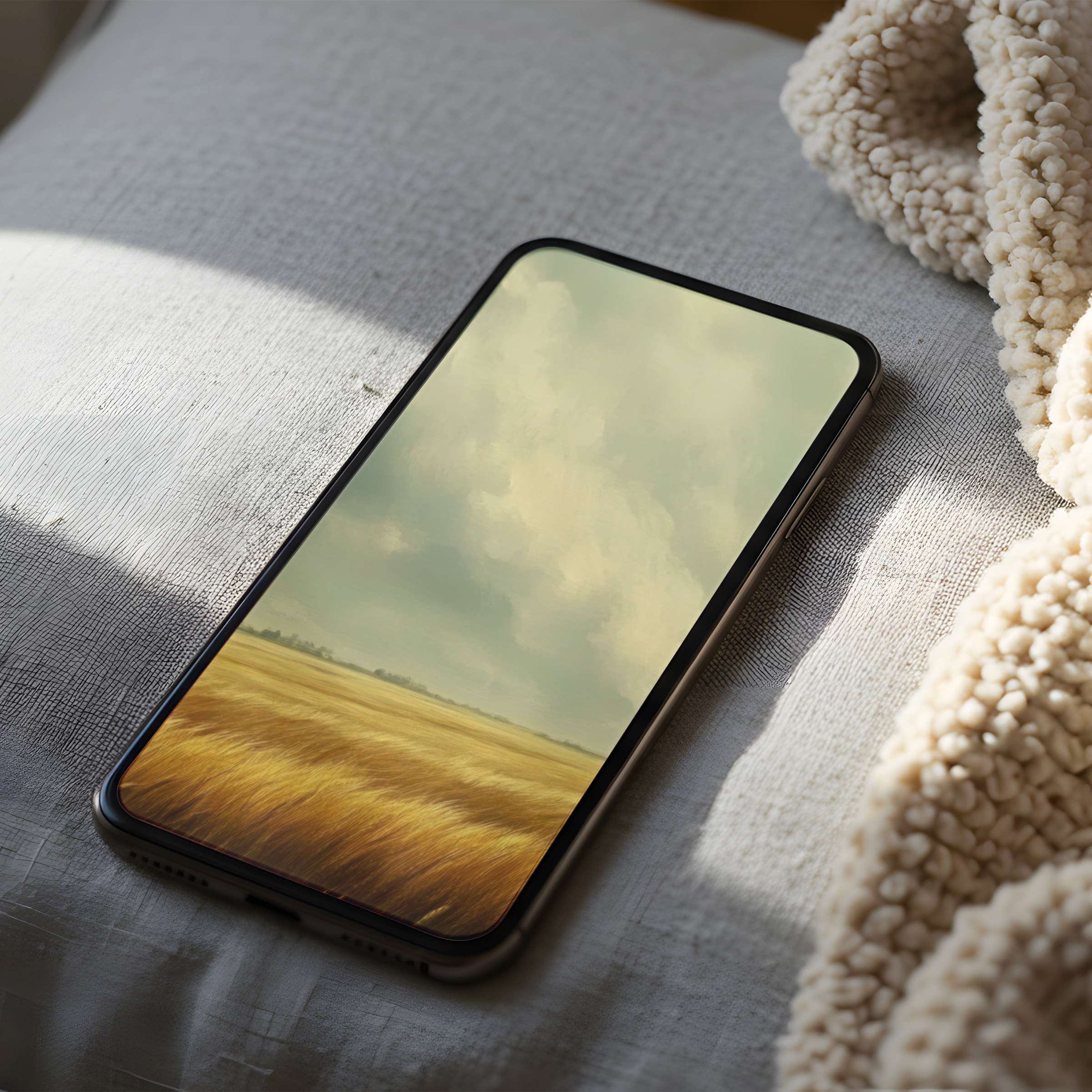 Elegant high-resolution phone wallpaper featuring serene golden fields under cloudy skies, perfect for iPhone and Android digital download
