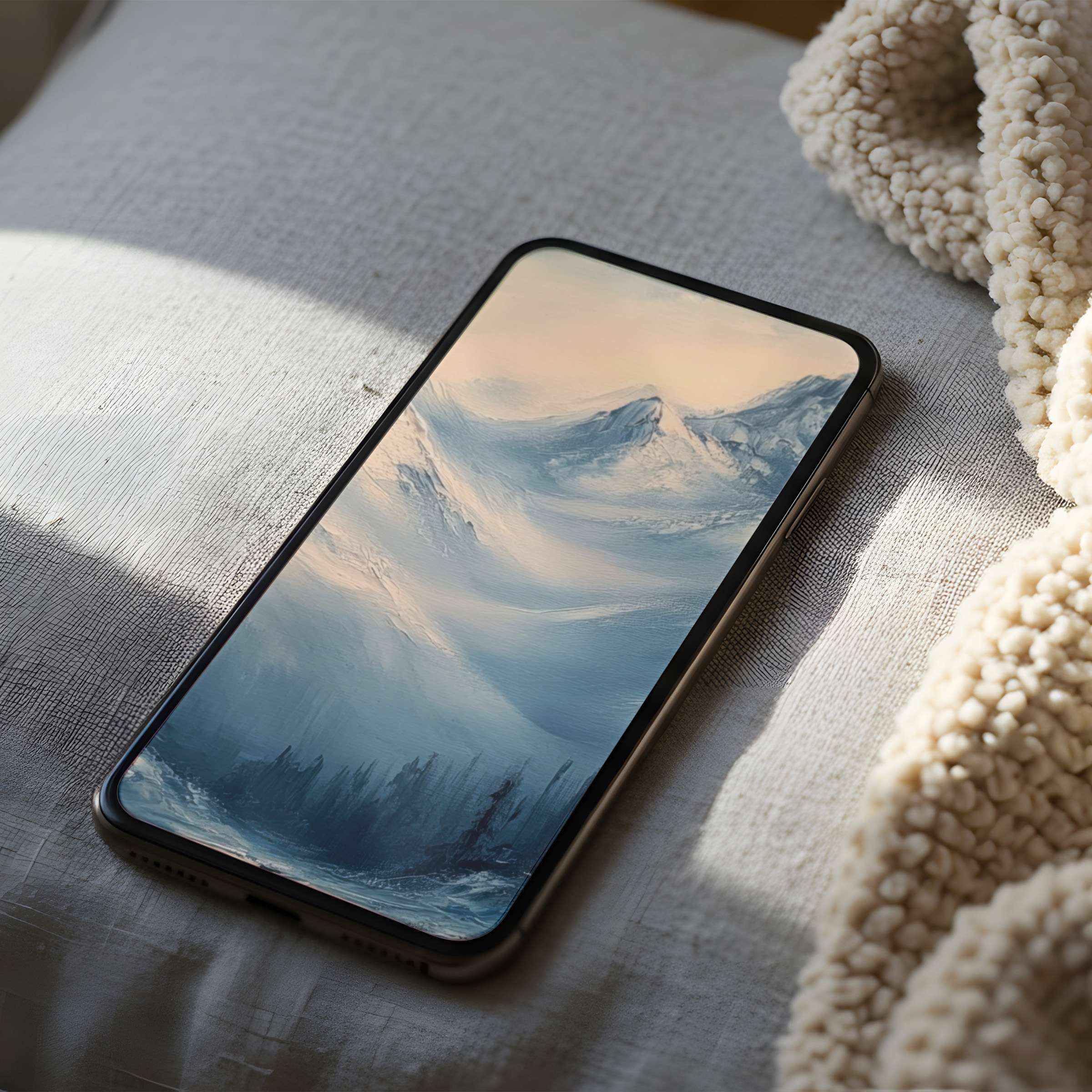Elegant mountain phone wallpaper in calming blues and creams on high resolution iPhone provides serenity ideal for digital download