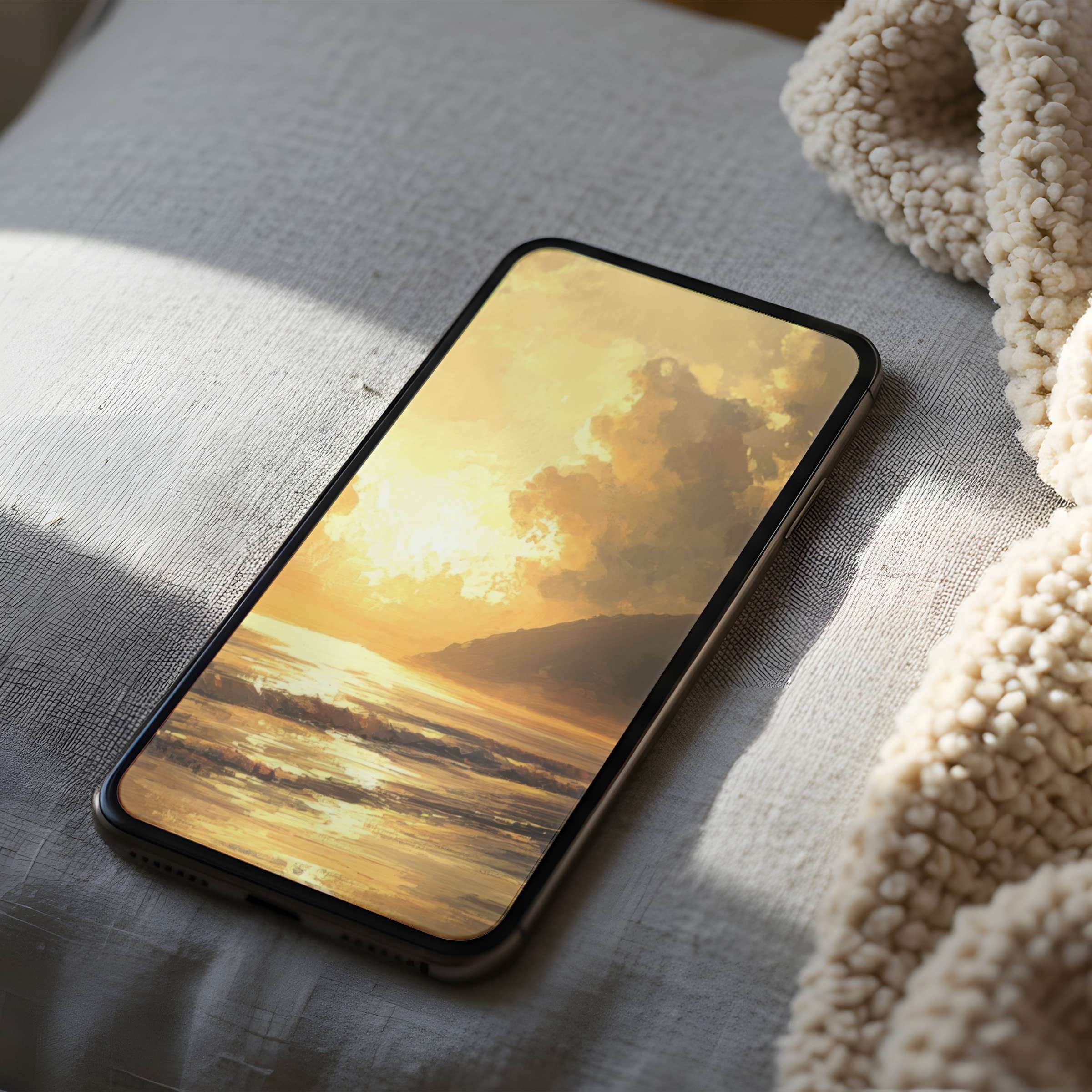 Elegant phone wallpaper featuring a serene, golden sunset seascape in high resolution, perfect for iPhone or Android digital download