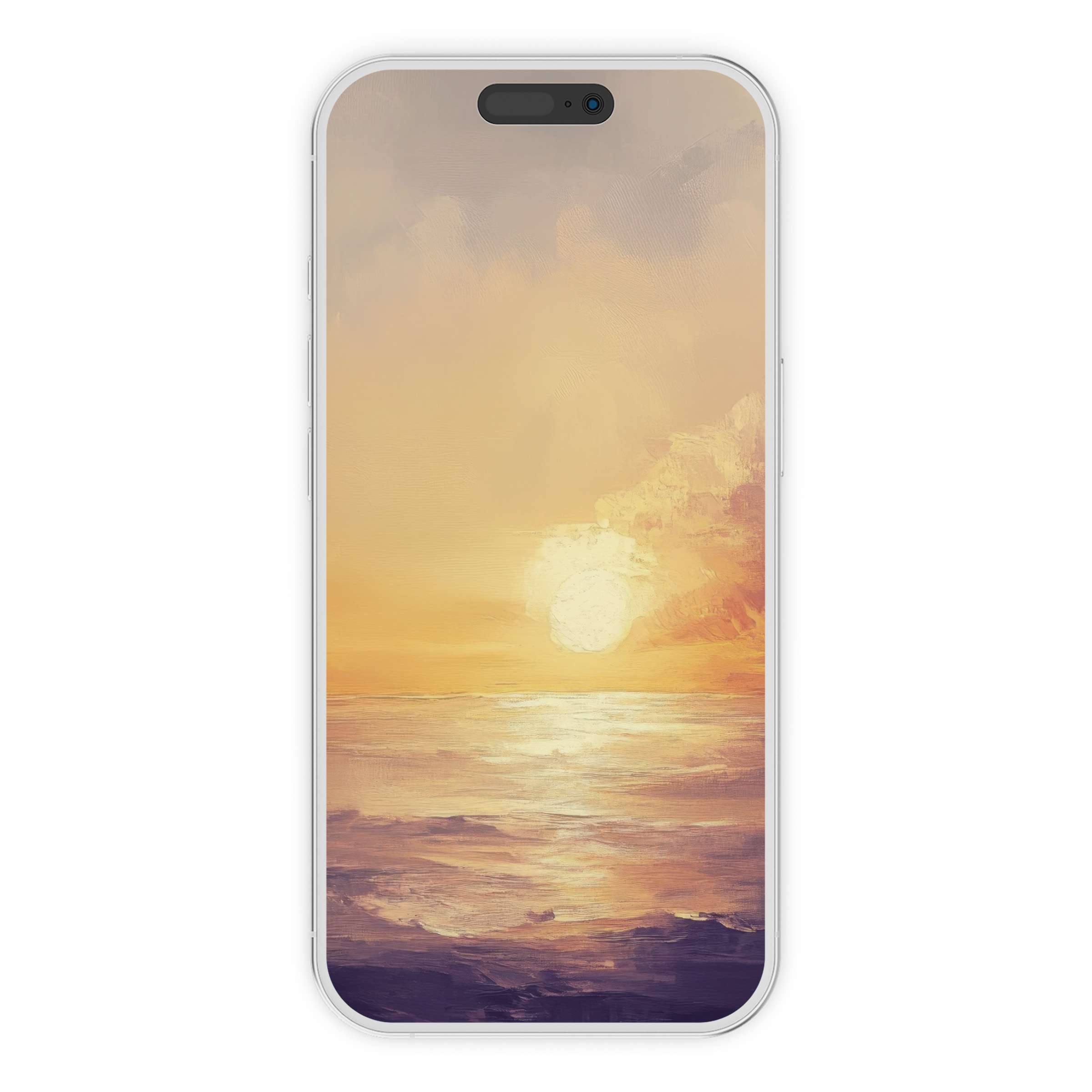 Serene landscape iPhone wallpaper with a warm sunset, textured ocean view, perfect phone background for digital download elegance