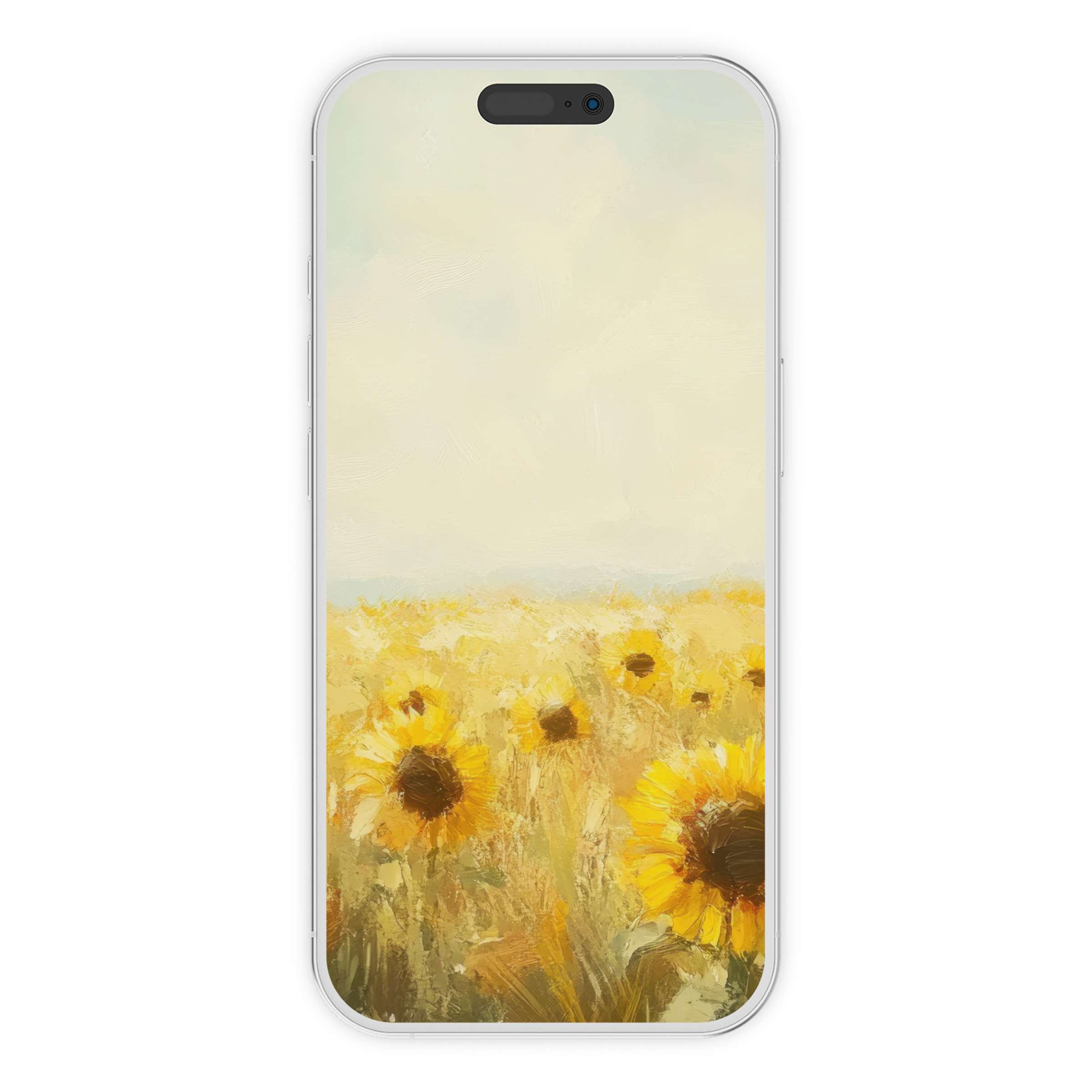 Elegant landscape iPhone wallpaper with sunflowers, ideal phone background for calm aesthetics; digital download ensures ease and style