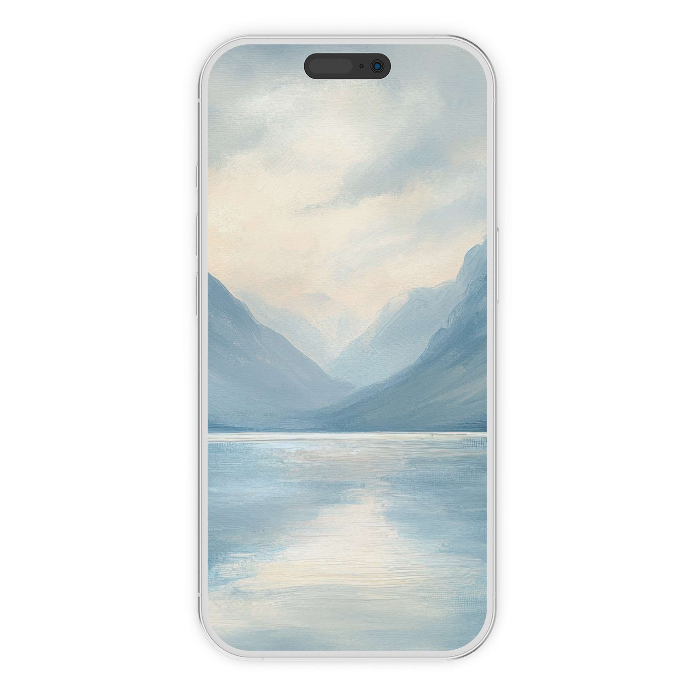 Serene landscape iPhone wallpaper with calming pastel mountains and reflective water, ideal phone background digital download for tranquility
