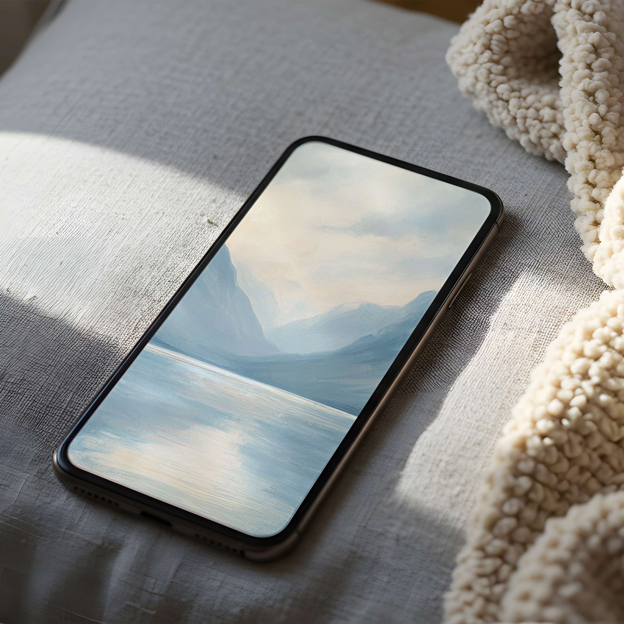 Elegant phone wallpaper featuring serene pastel mountains and lake, ideal for iPhone or Android, enhances calm with high resolution download