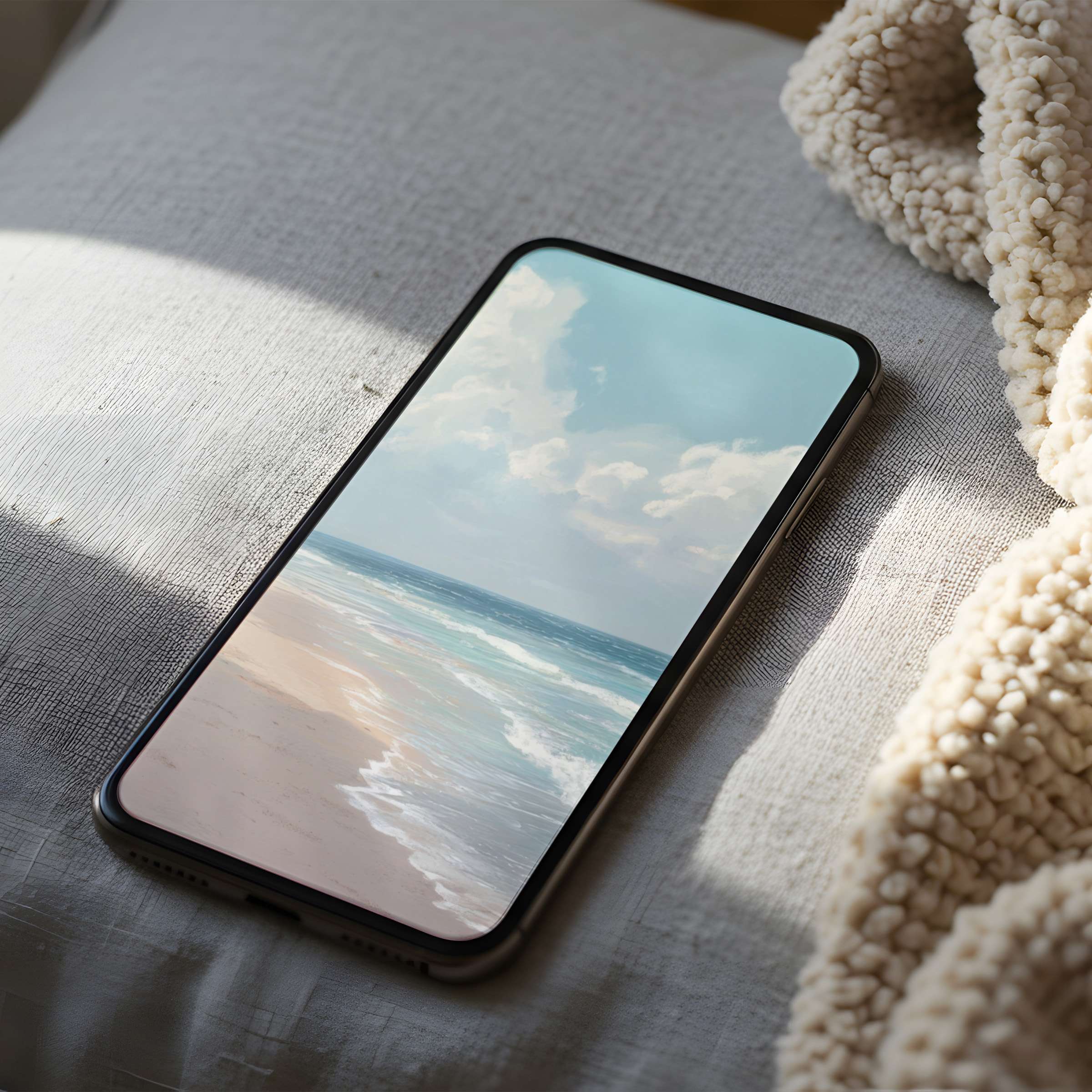 Serene beach-themed phone wallpaper featuring calming blues and sandy hues, perfect for iPhone and Android high-resolution digital download
