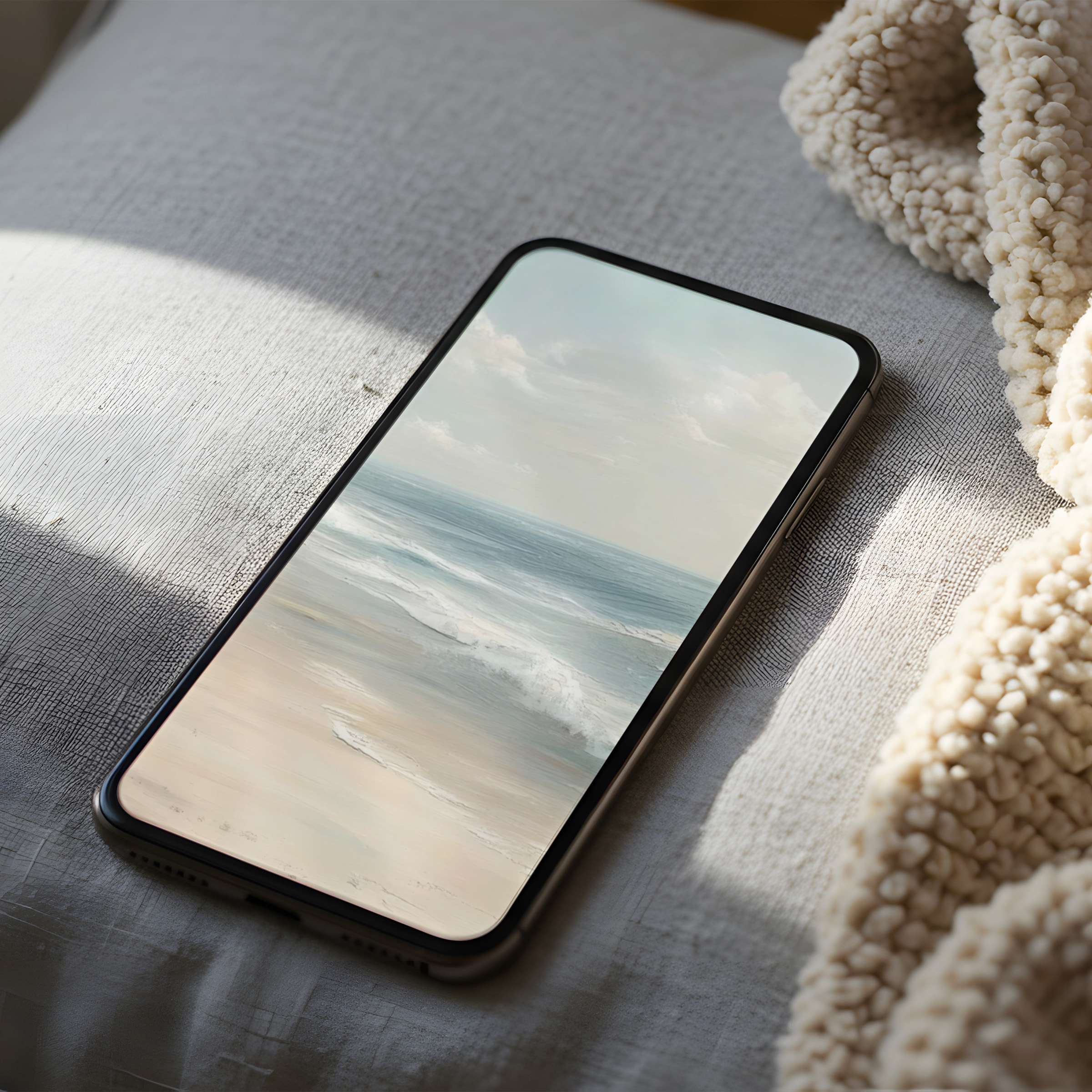 Serene beach phone wallpaper showcasing soft pastel waves on high resolution screen ideal for iPhone and Android digital download