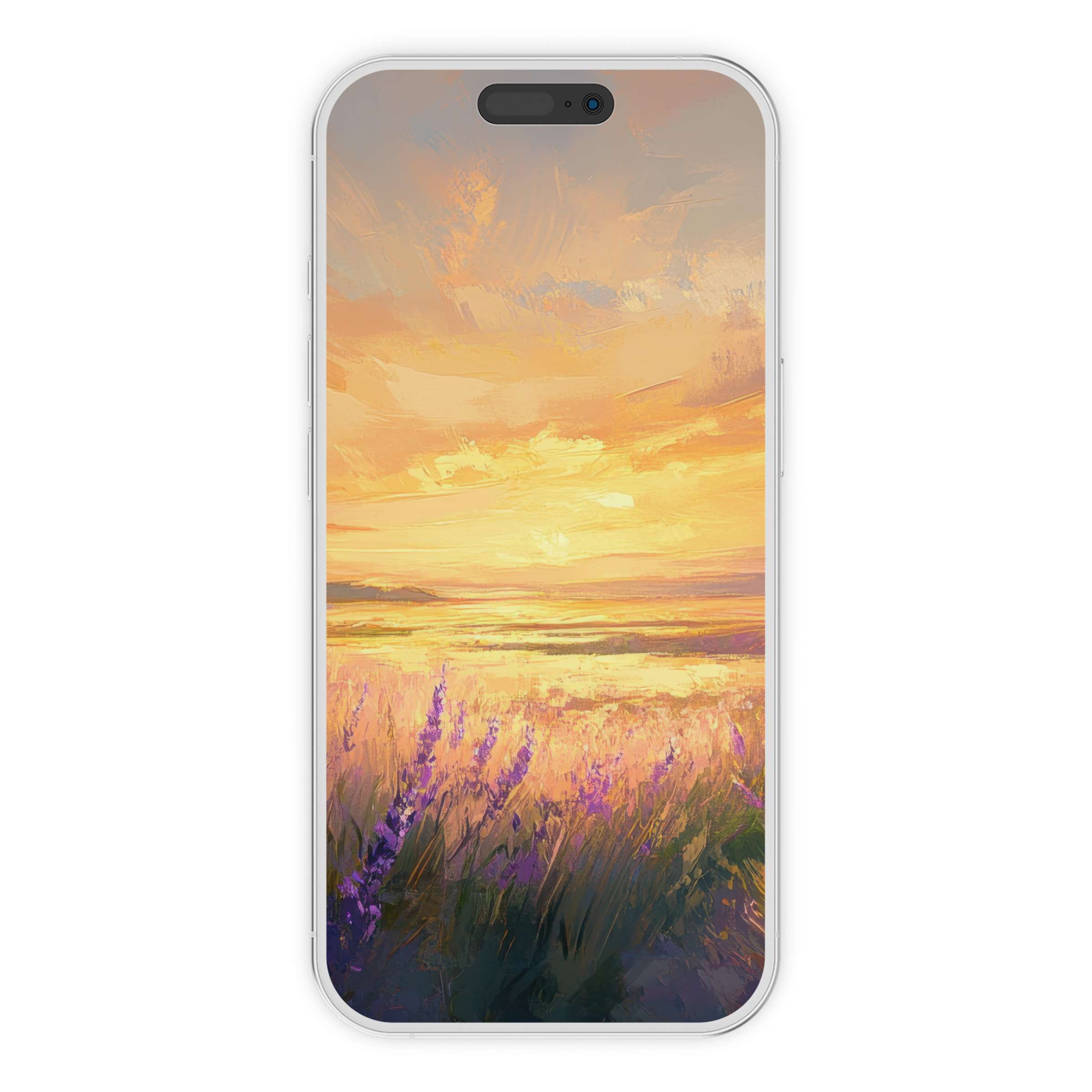Breathtaking landscape iPhone wallpaper with a serene sunset over lavender fields, perfect phone background for elegant calm, digital download