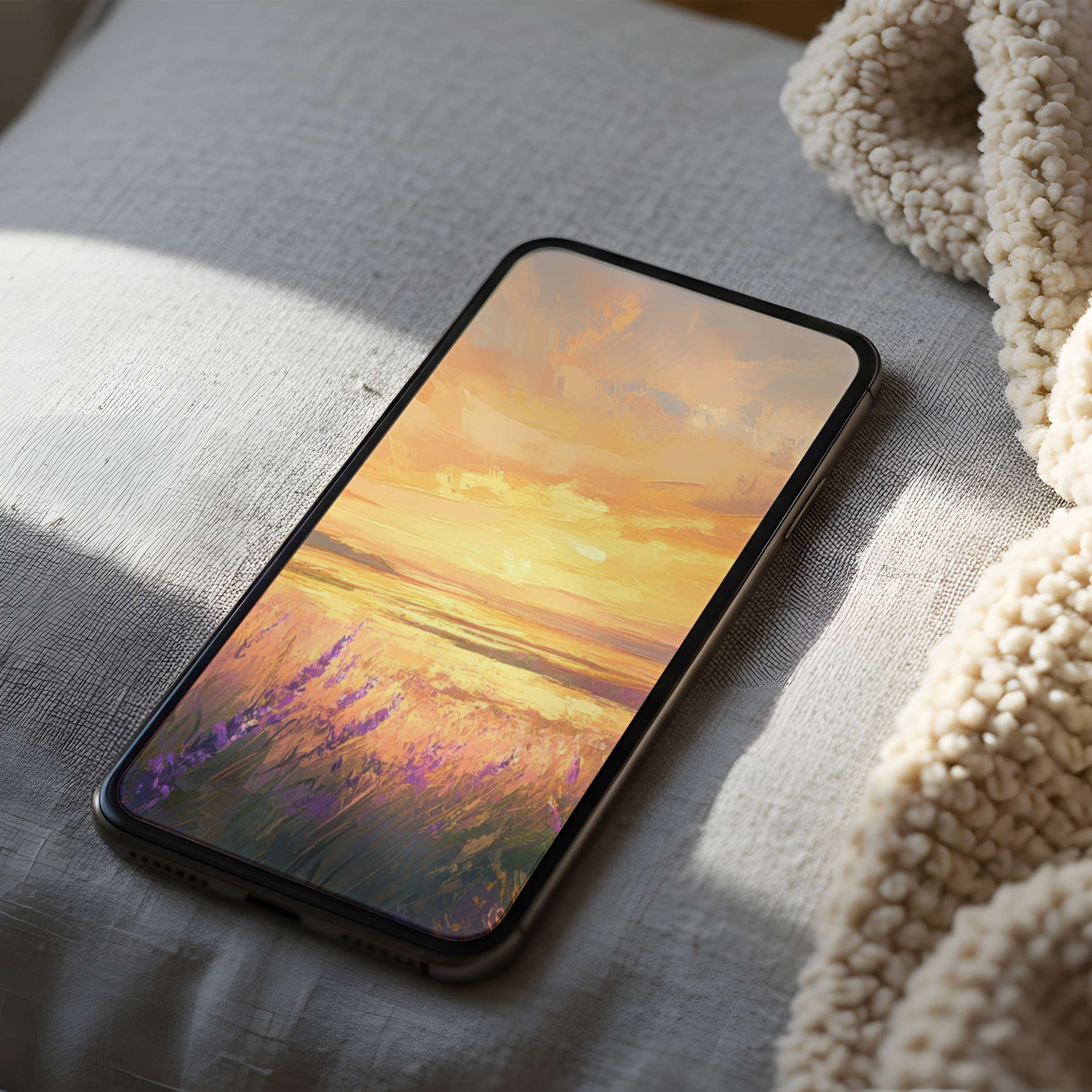Radiant sunset phone wallpaper with purple fields, set on cozy linens, offers high resolution for iPhone and Android digital downloads