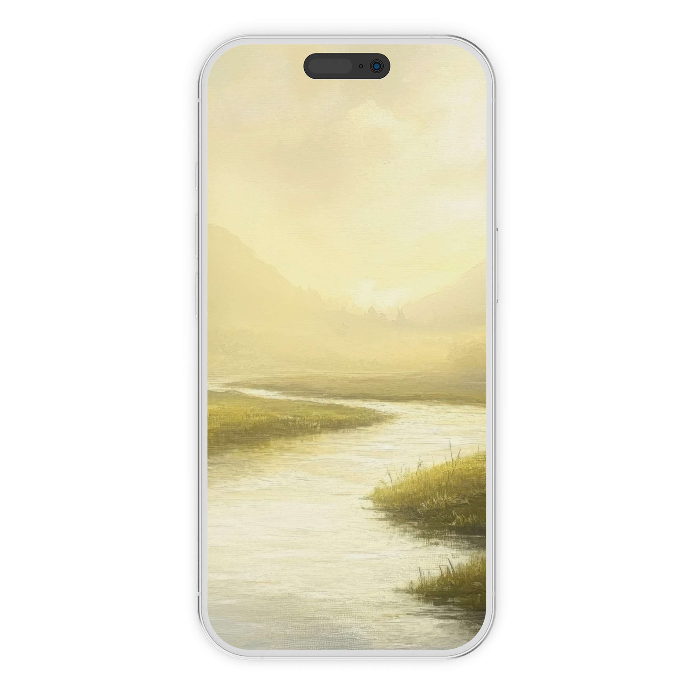 Calming landscape iPhone wallpaper features soft golden hues and misty mountains, ideal phone background digital download for elegant style