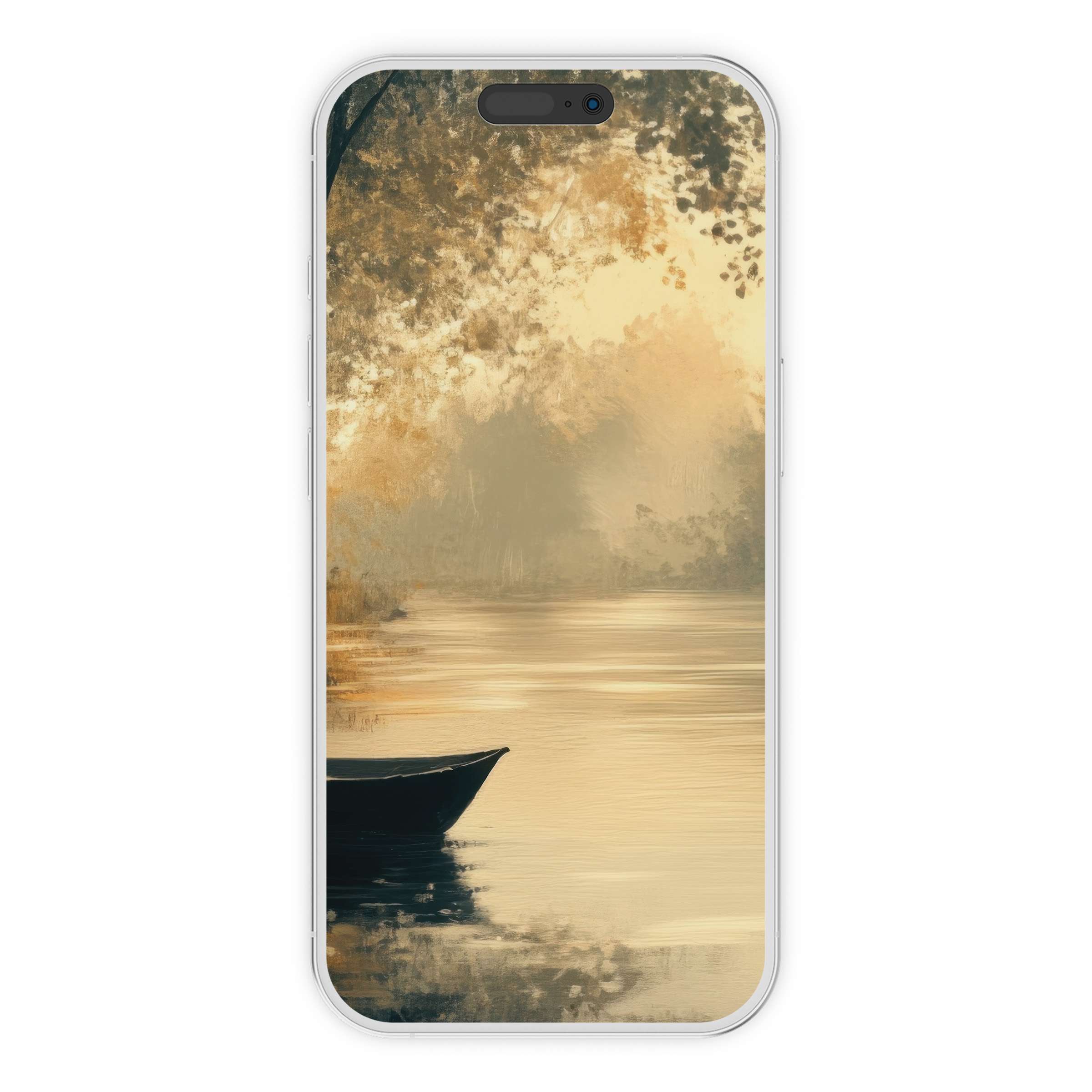 Serene landscape iPhone wallpaper featuring a tranquil golden river and boat for a calm digital download phone background elegance