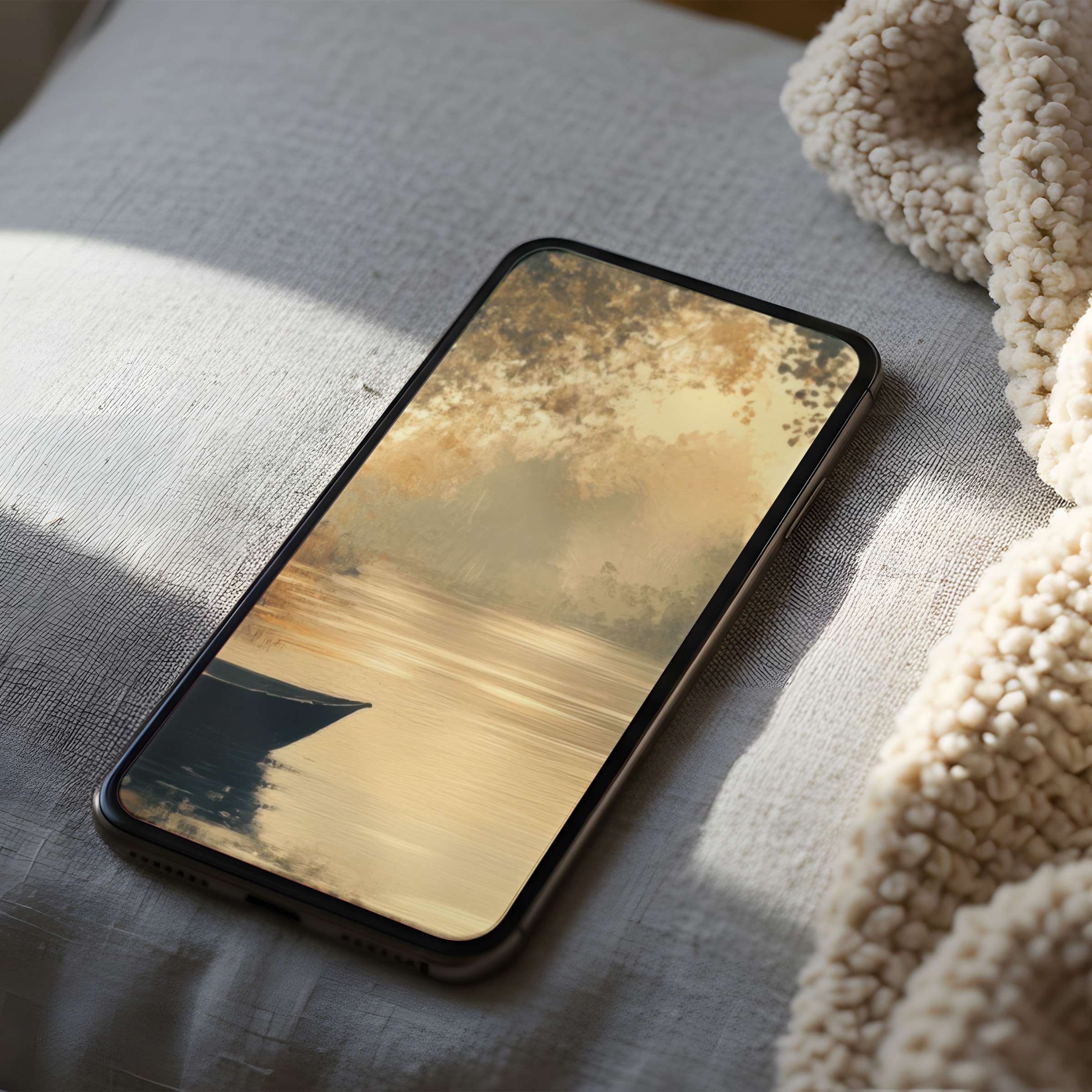Serene phone wallpaper featuring a soft watercolor landscape on a cozy fabric setting, perfect for iPhone and android phones