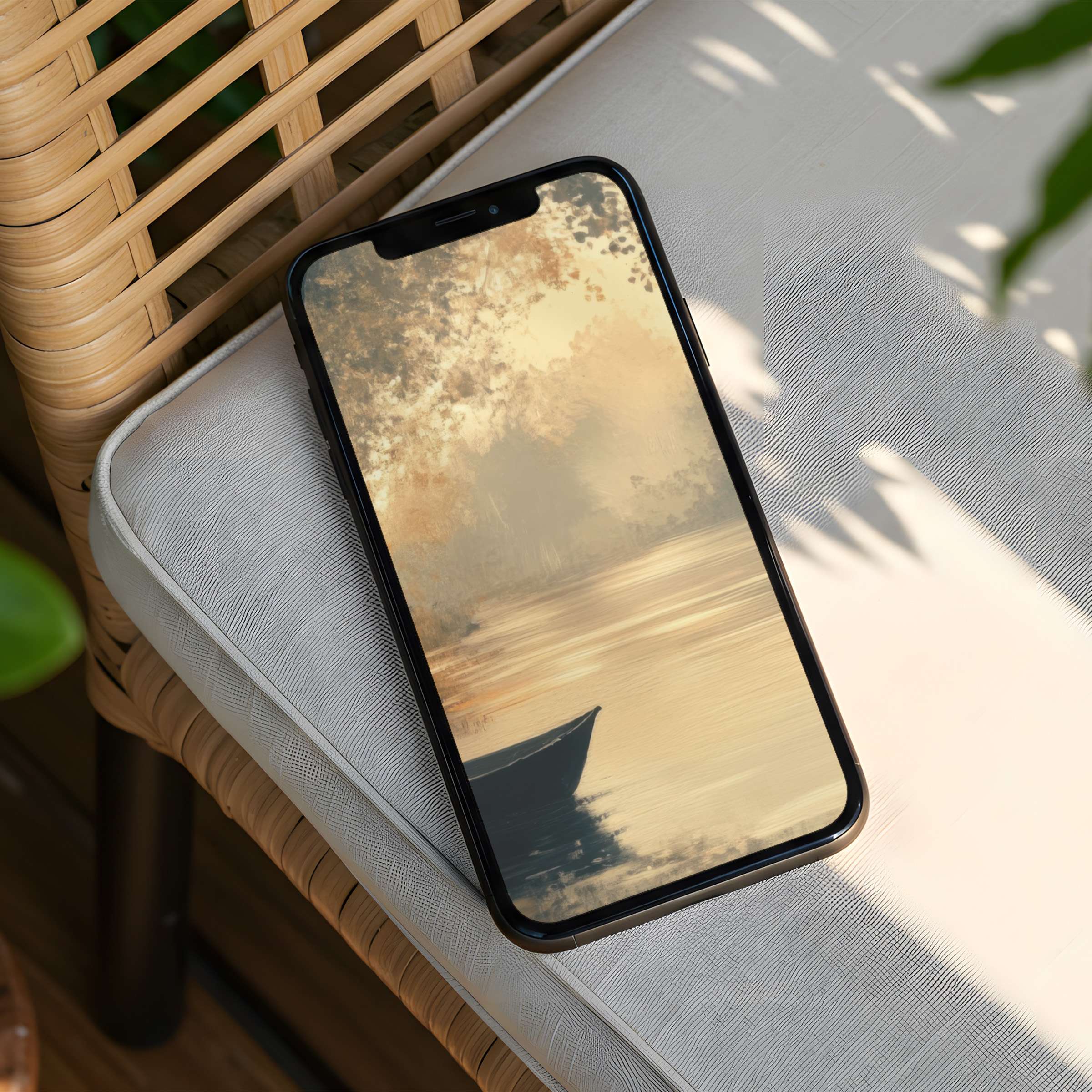 Elegant watercolor iPhone background depicting a serene boat on a misty lake perfect for instant download to your phone