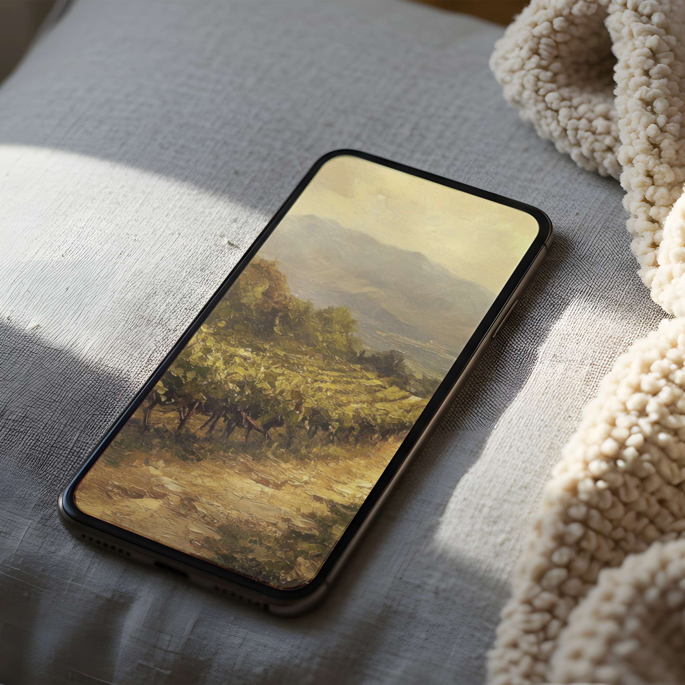 Elegant phone wallpaper featuring serene landscape painting in soft earthy tones offers high resolution digital download for iPhone and Android