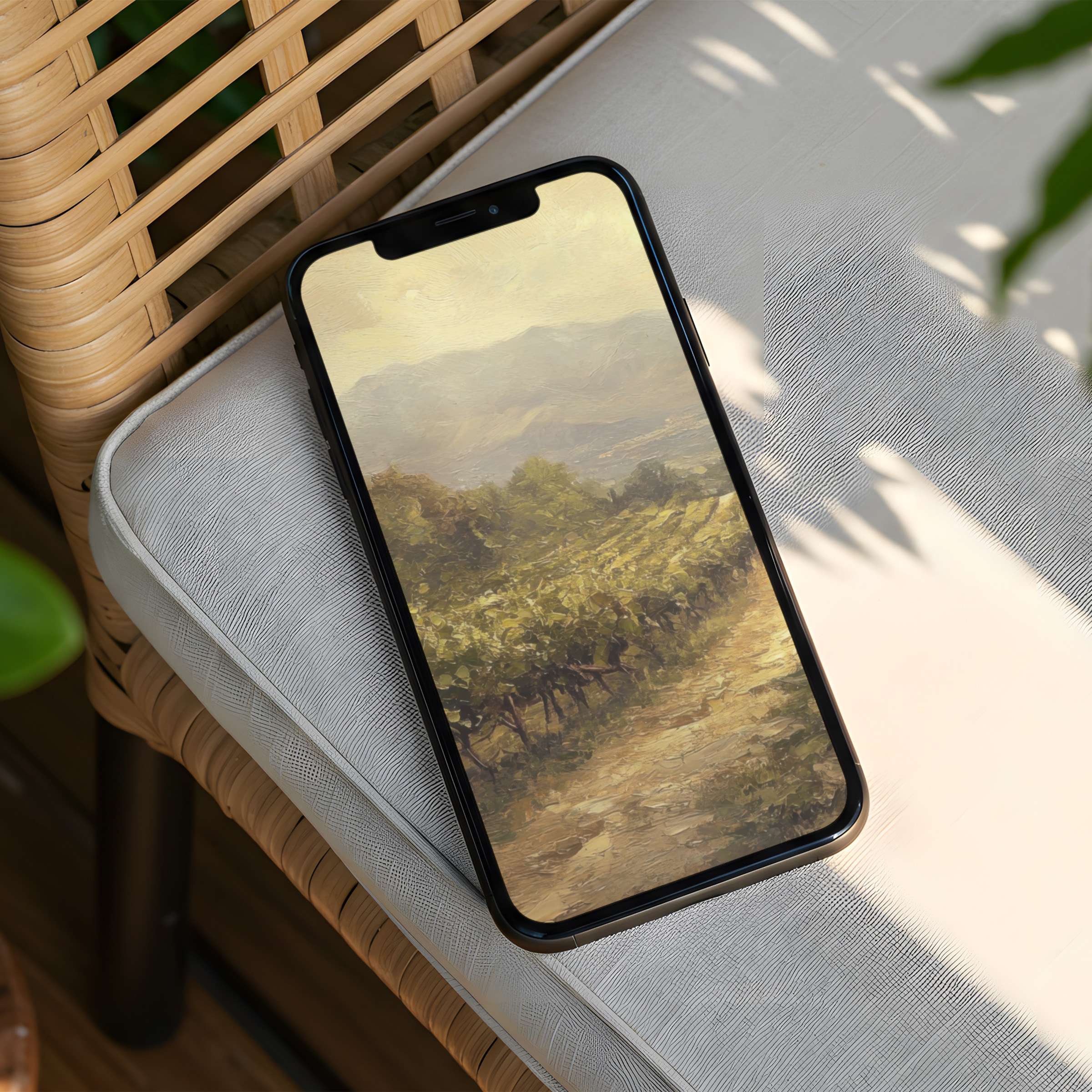Elegant phone with serene landscape iPhone background offering instant download for mindfulness and inspiration on all phones