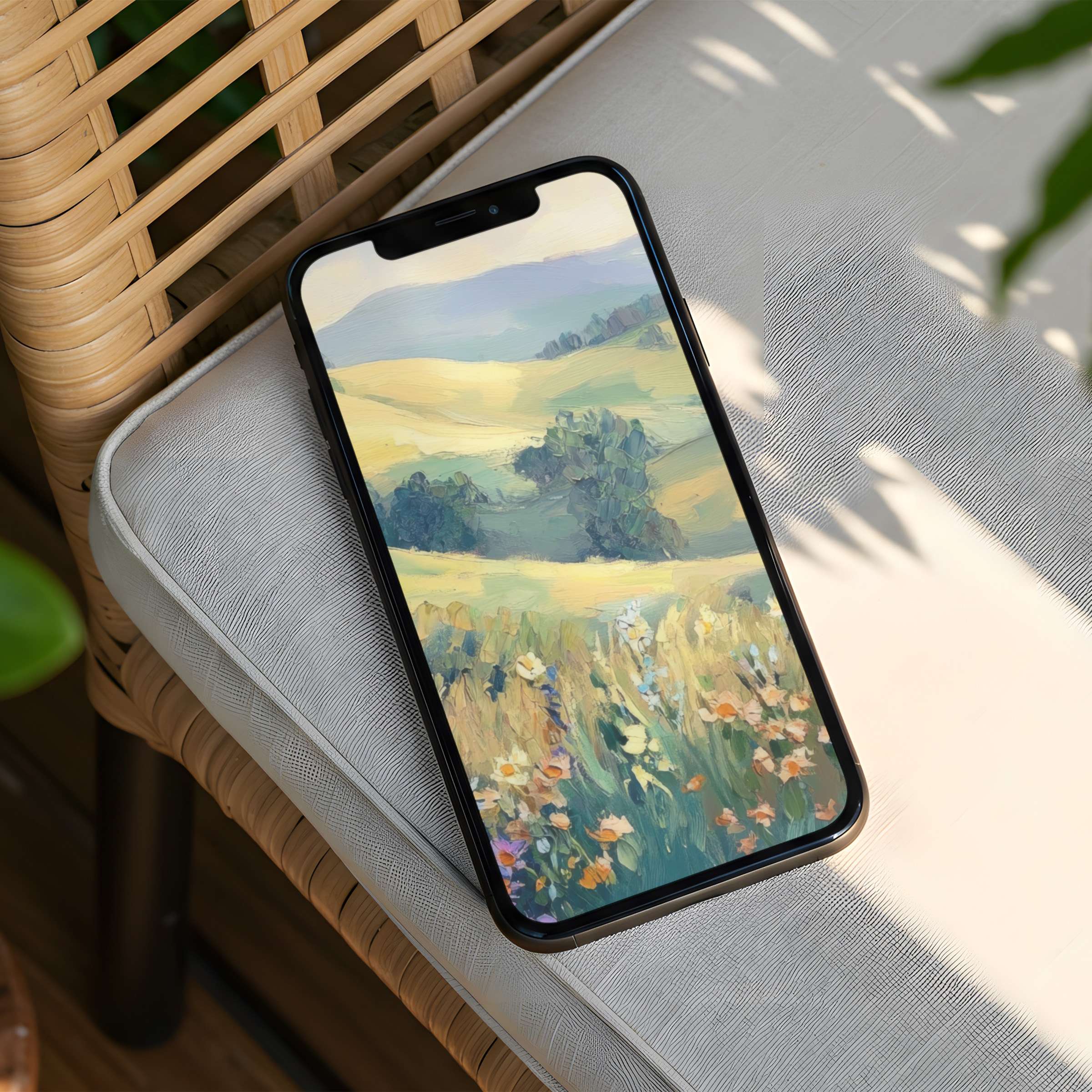 Elegant landscape iPhone background with serene pastels and floral fields for instant download fits all phone screens inspiring calm