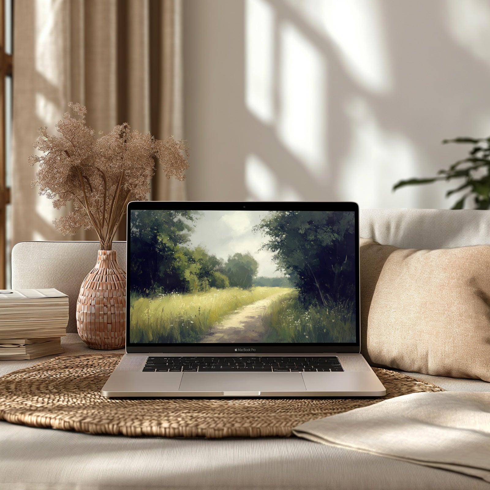 Landscape desktop wallpaper featuring a sunlit country path surrounded by green trees and meadows, displayed on a laptop in a cozy living room setting