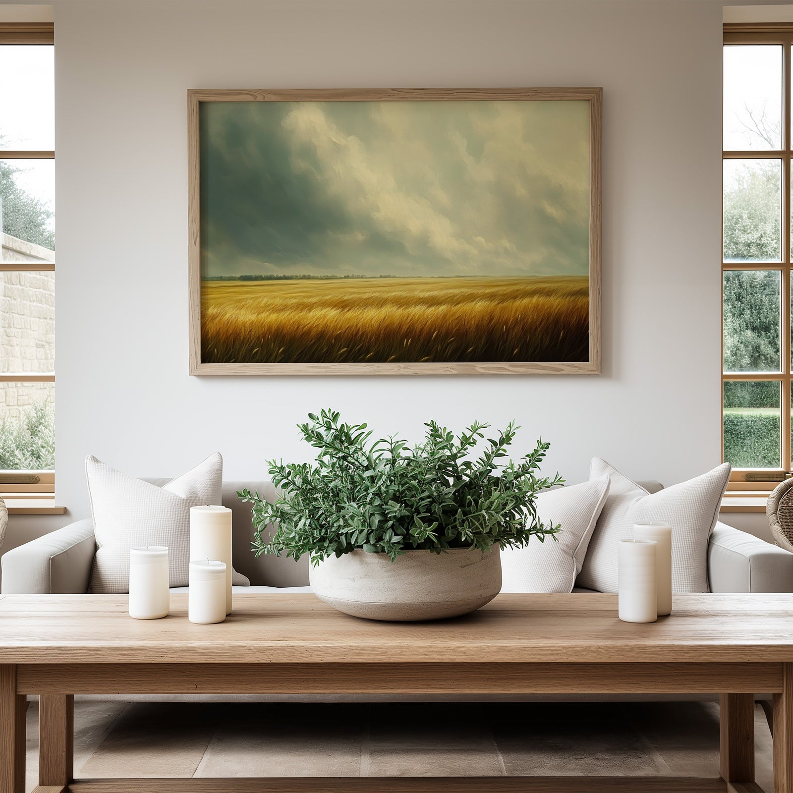 Bright living room with neutral tones featuring a framed landscape digital print of a golden wheat field under a cloudy sky, blending natural beauty and calm elegance