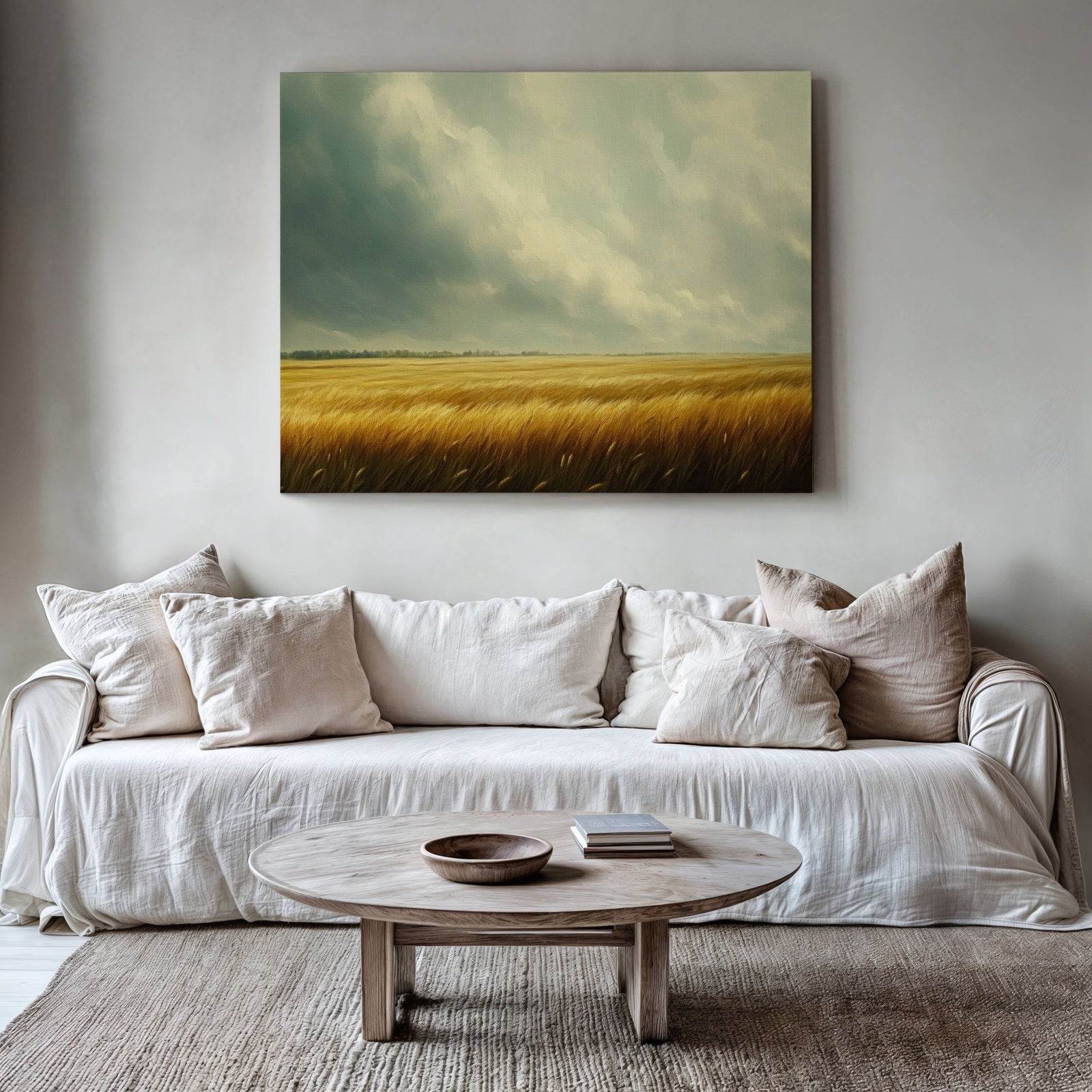 Landscape digital art print depicting a vast golden wheat field under a dramatic cloudy sky, displayed in a modern neutral living room with soft beige tones and natural textures