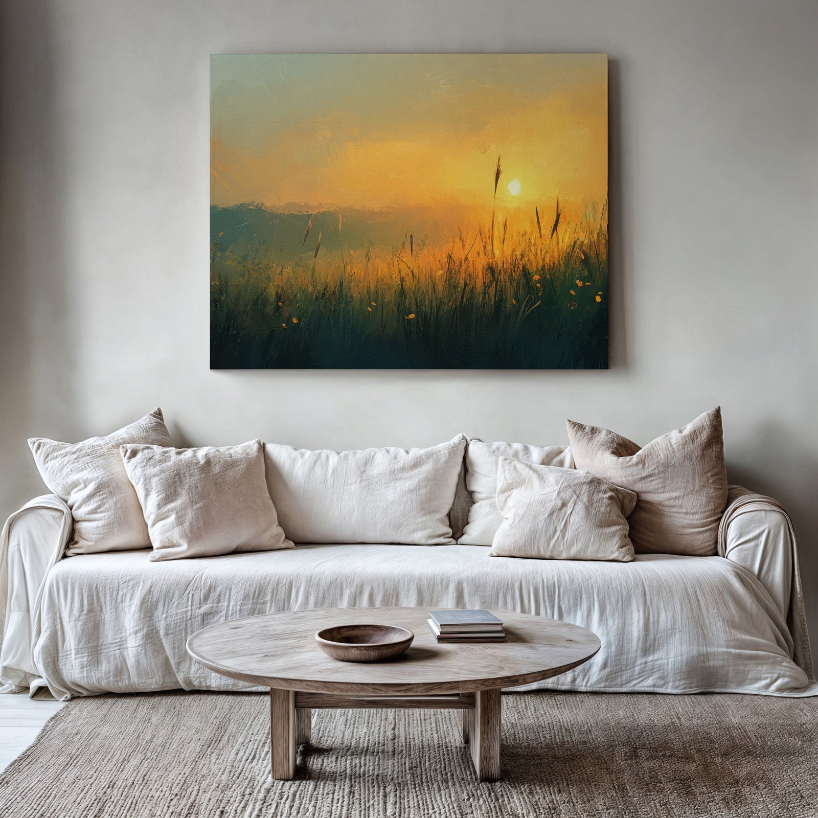 Landscape printable wall art featuring a glowing golden sunset over tall grass and distant hills, adding warm, serene nature vibes to modern home decor