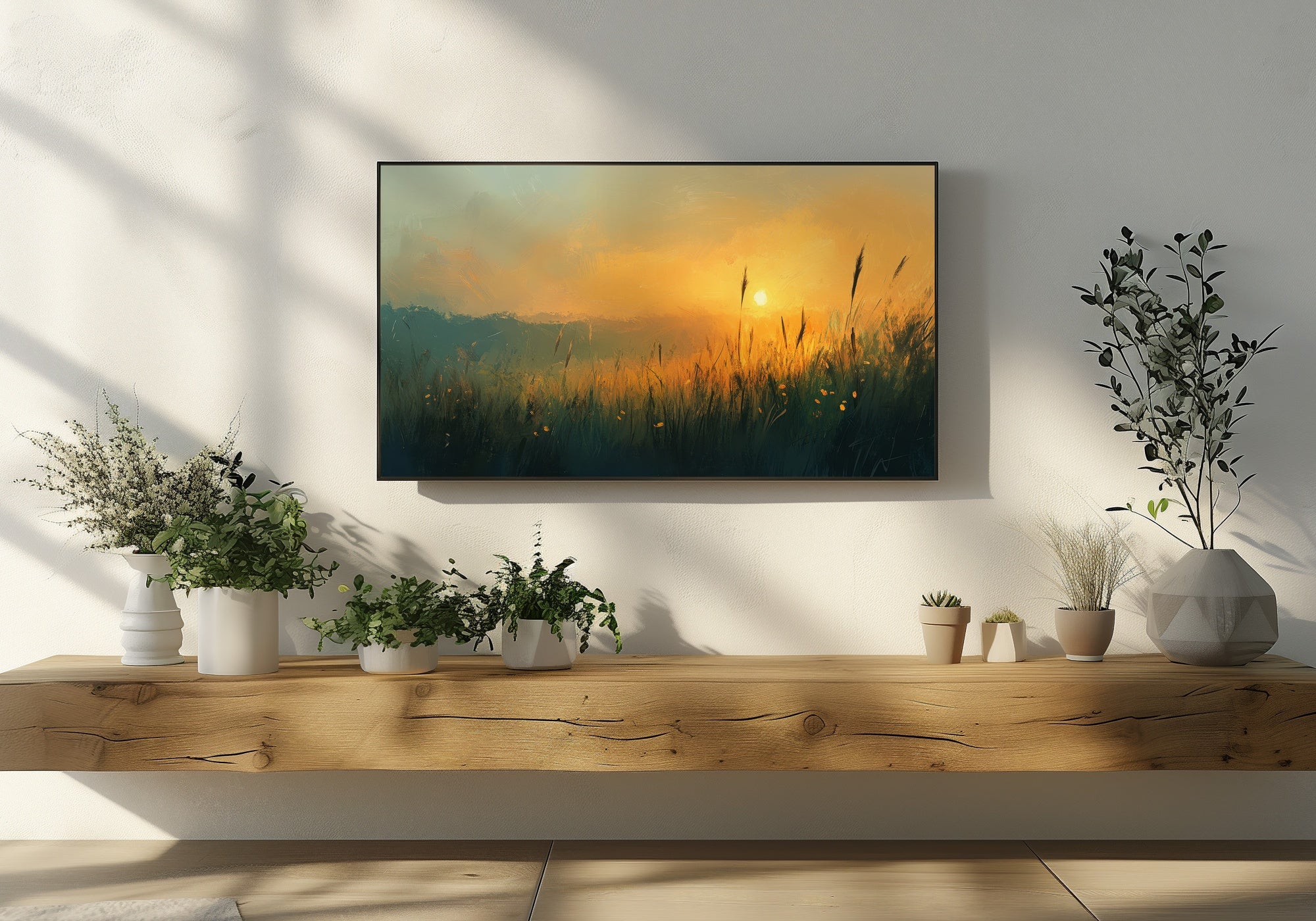 Landscape Frame TV Art featuring a serene sunset over a grassy field, blending warm orange and cool green tones - a tranquil digital artwork designed for Samsung Frame TV to bring nature’s calm into your home