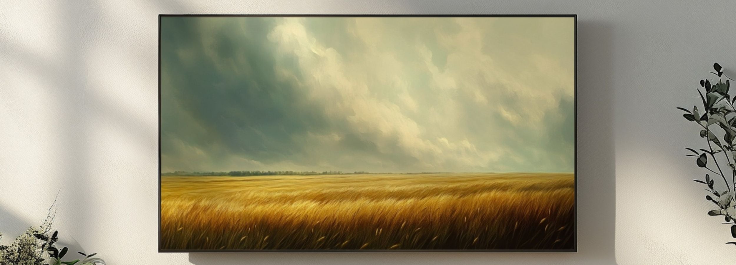Landscape digital painting with golden wheat field under soft dramatic clouds, calm natural scenery for modern Samsung Frame TV home decor