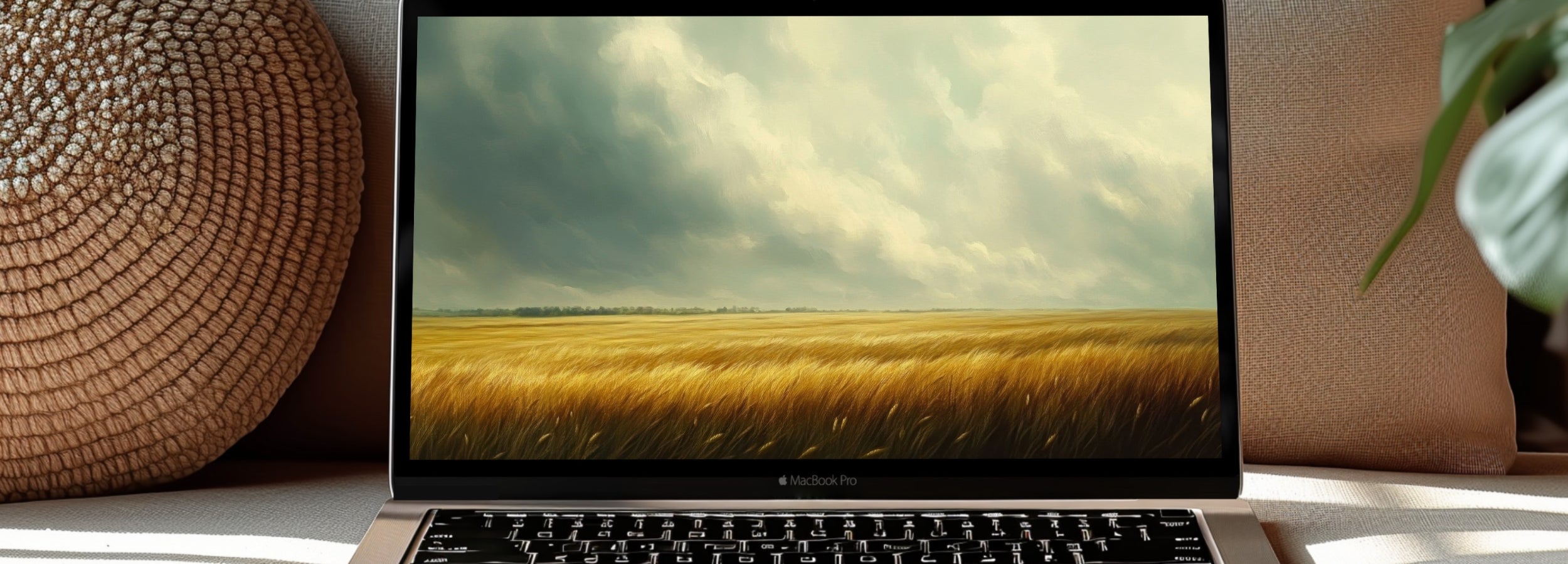 Landscape desktop wallpaper featuring a serene golden wheat field under soft clouds, designed to bring natural calm, warmth, and timeless beauty to your digital workspace